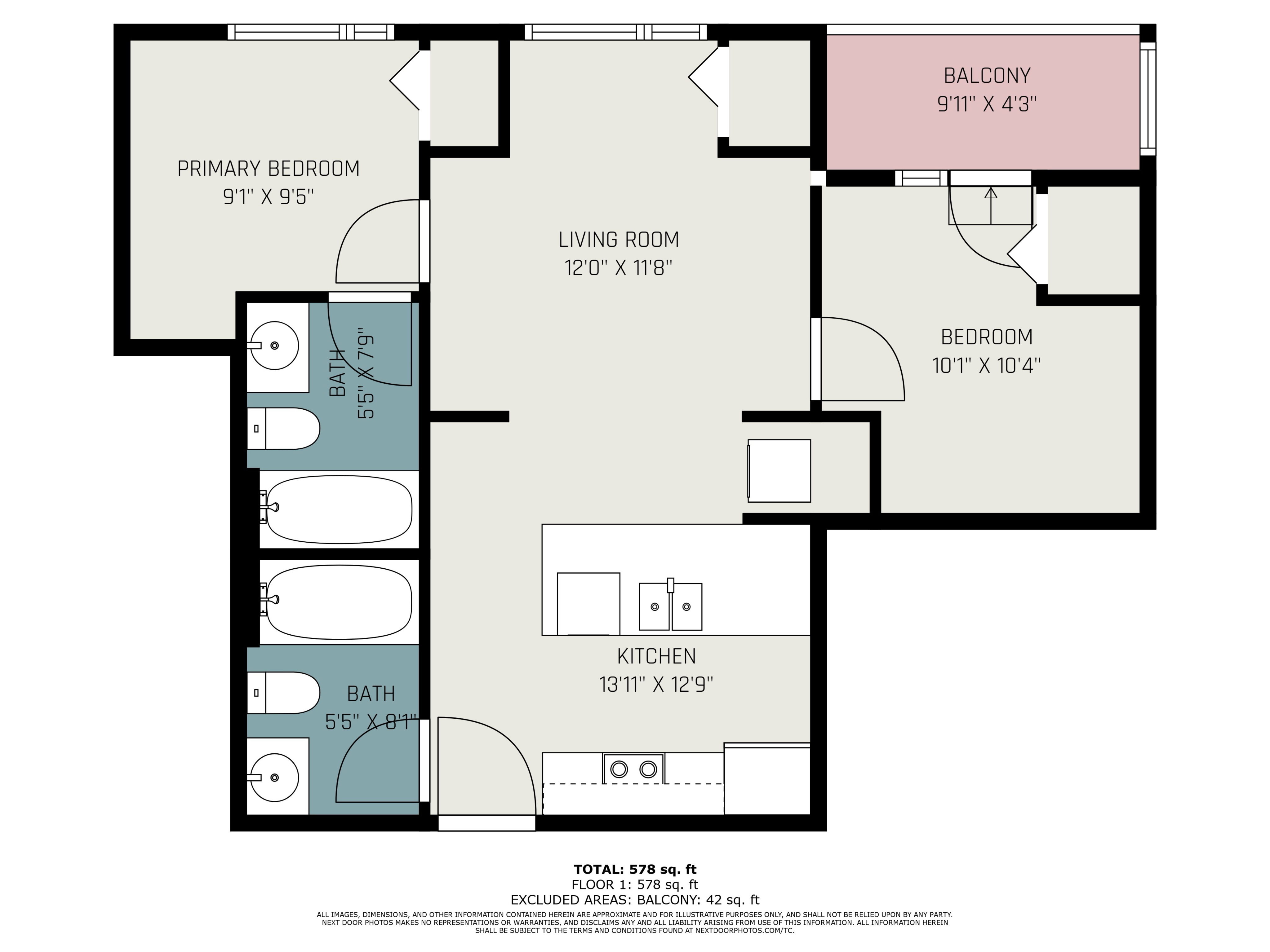 Modern apartment floor plan featuring a spacious primary bedroom, a cozy second bedroom, two bathrooms, an open kitchen, and a comfortable living room with access to a private balcony. Total area of 578 sq ft.