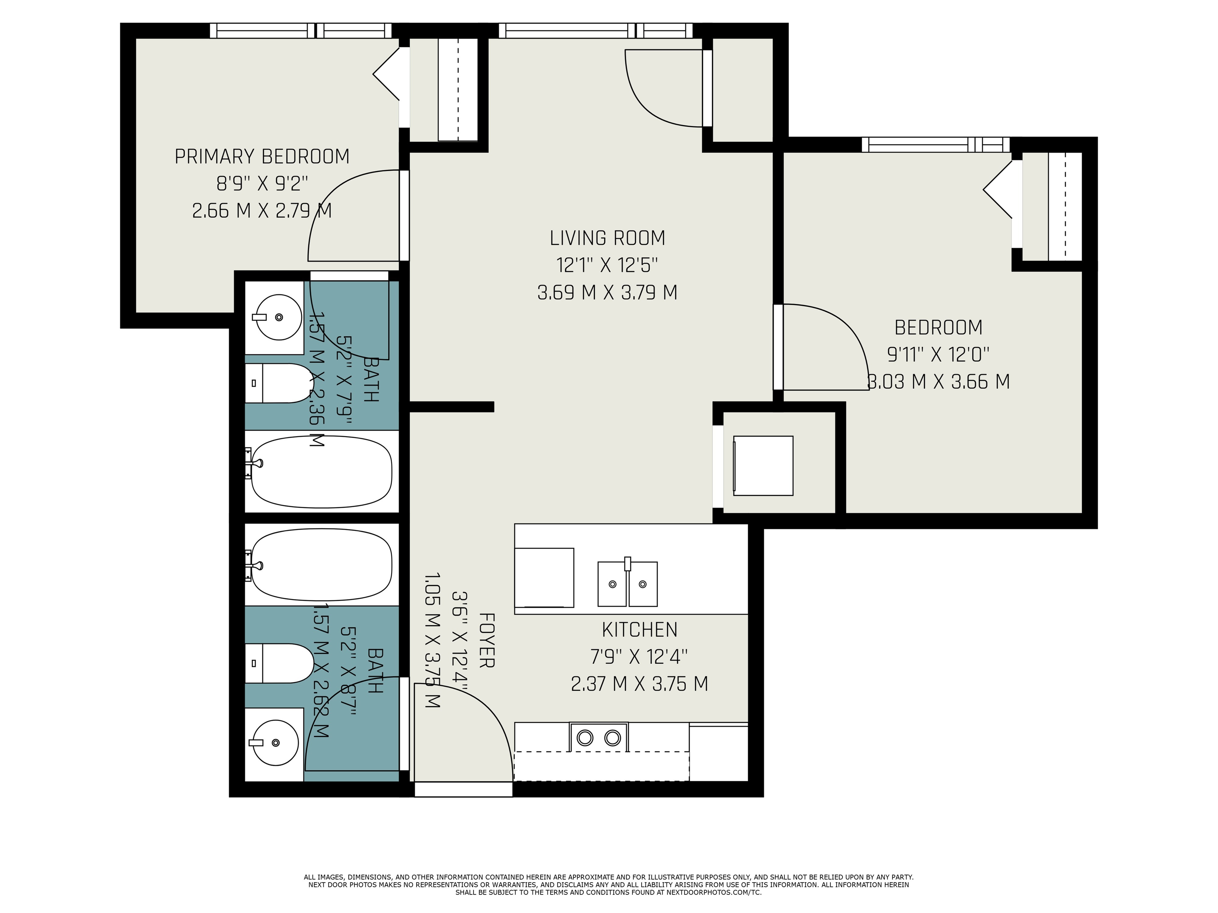 Modern floor plan showcasing a cozy 2-bedroom apartment with a spacious living room, well-equipped kitchen, and two stylish bathrooms.