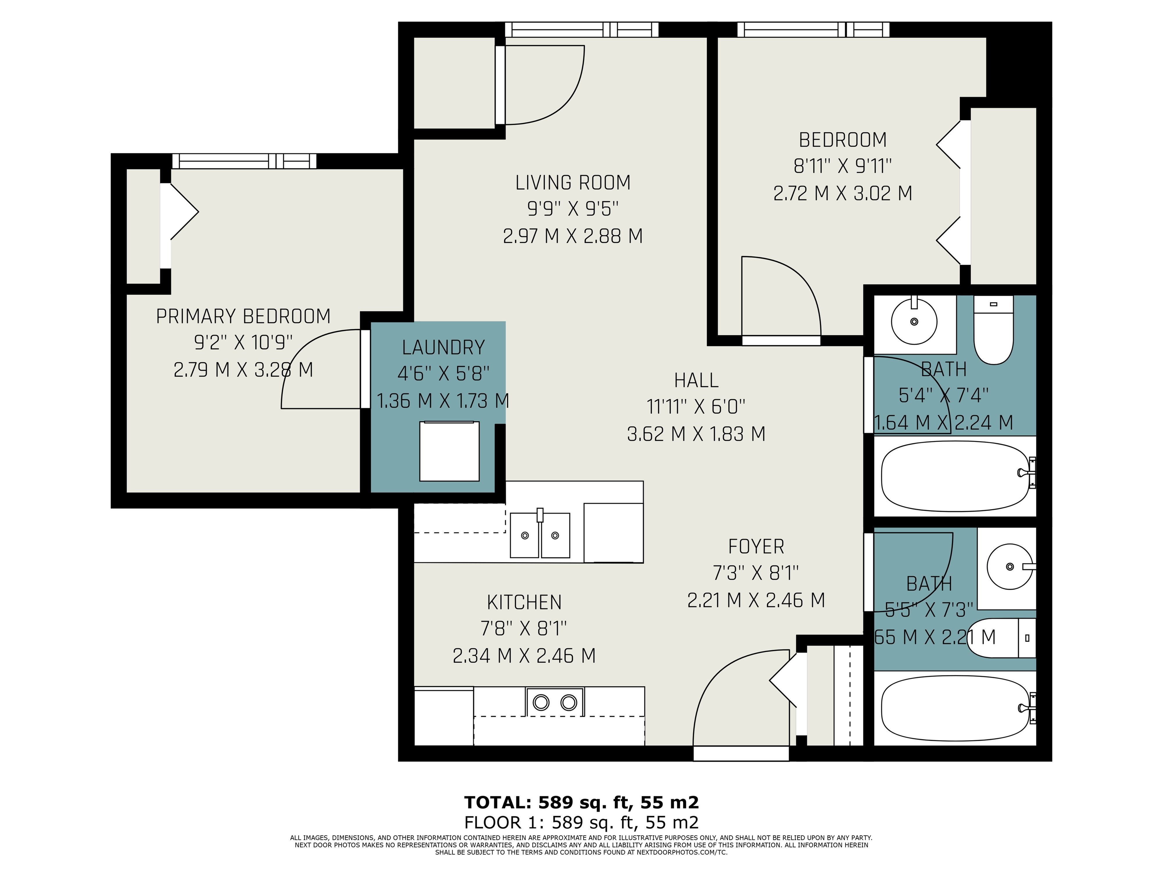 Chic floor plan showcasing a 2-bedroom apartment with spacious living room, modern kitchen, two bathrooms, and convenient laundry area. Total 589 sq. ft, 55 m2.