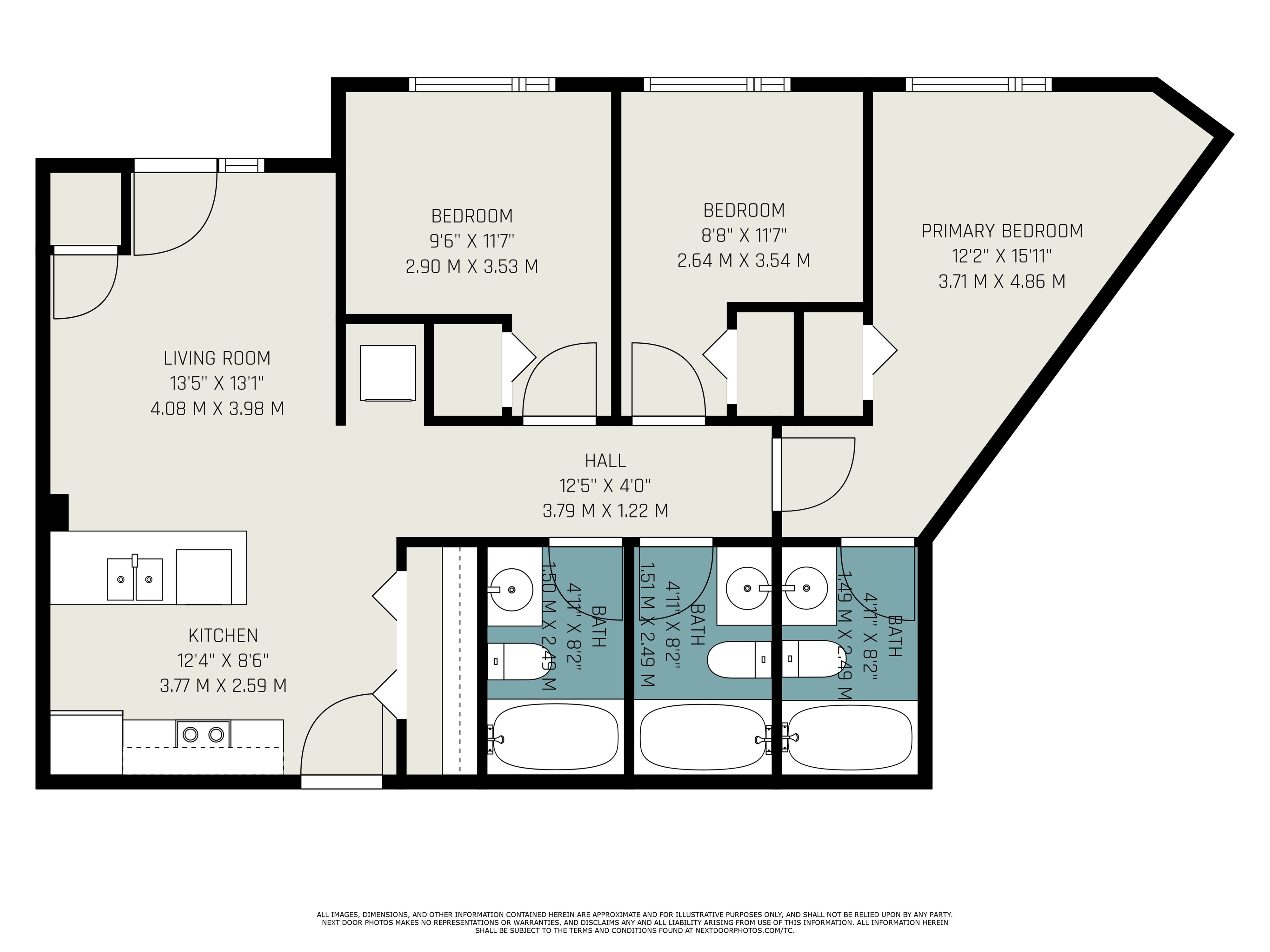 Modern floor plan showcasing 3 bedrooms, including a spacious primary suite, an inviting living room, and a contemporary kitchen. Ideal for comfortable living.