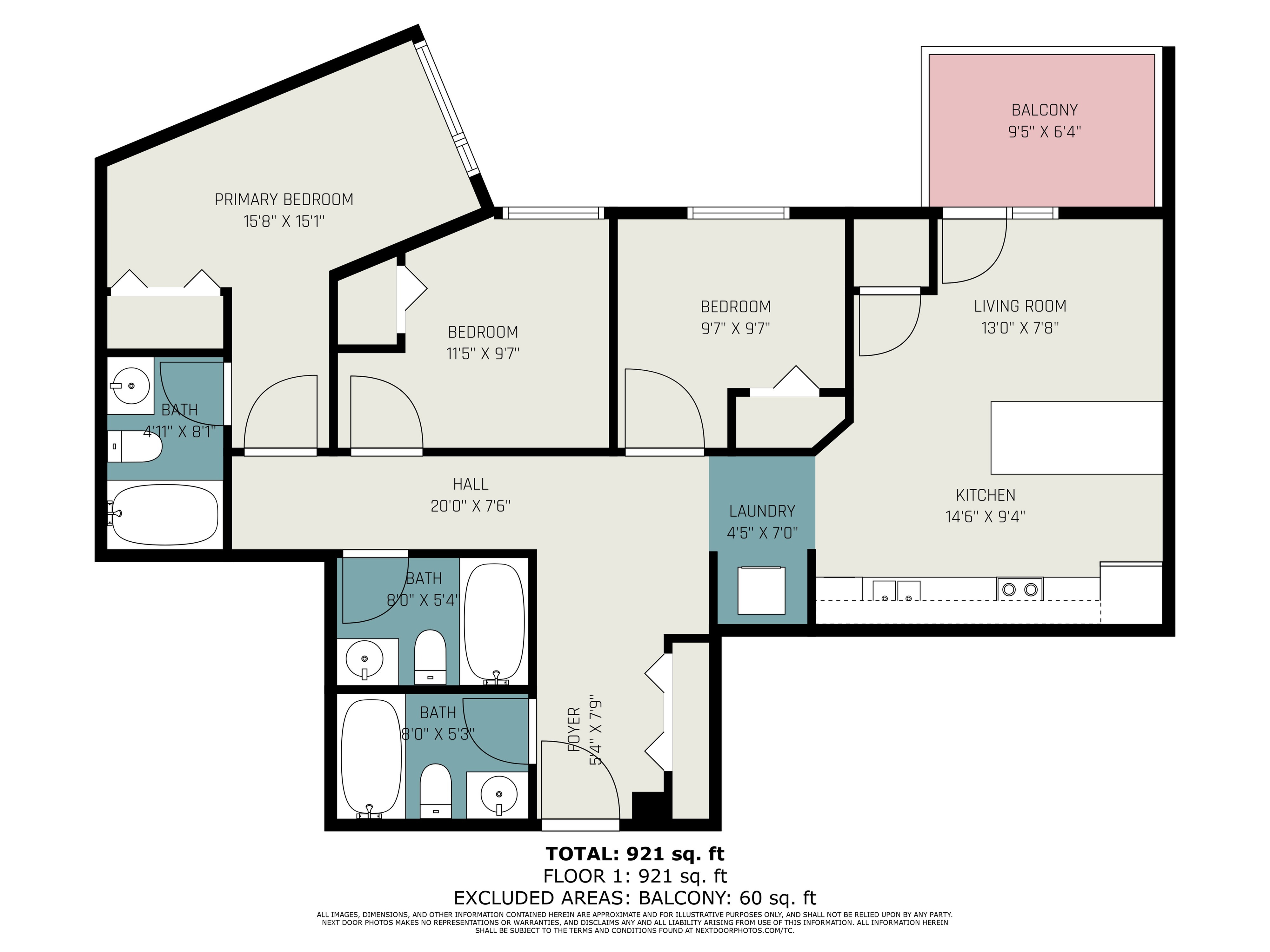Elegant 2D floor plan showcasing 3 bedrooms, a modern kitchen, and a cozy living room with access to a private balcony, total 921 sq ft.