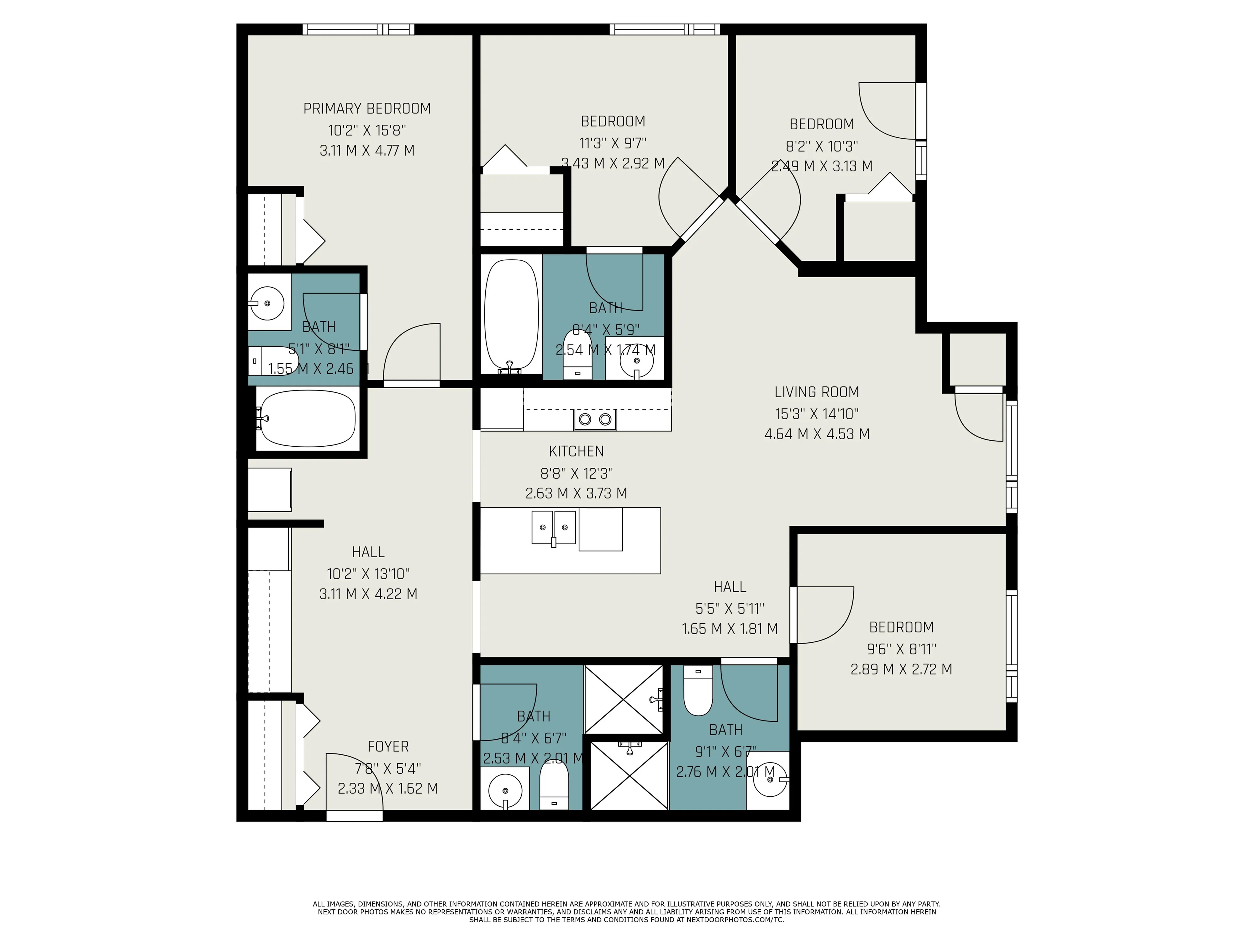Elegant 2D floor plan showcasing a spacious apartment with three bedrooms, two modern bathrooms, an open-concept kitchen, and a generous living room area.