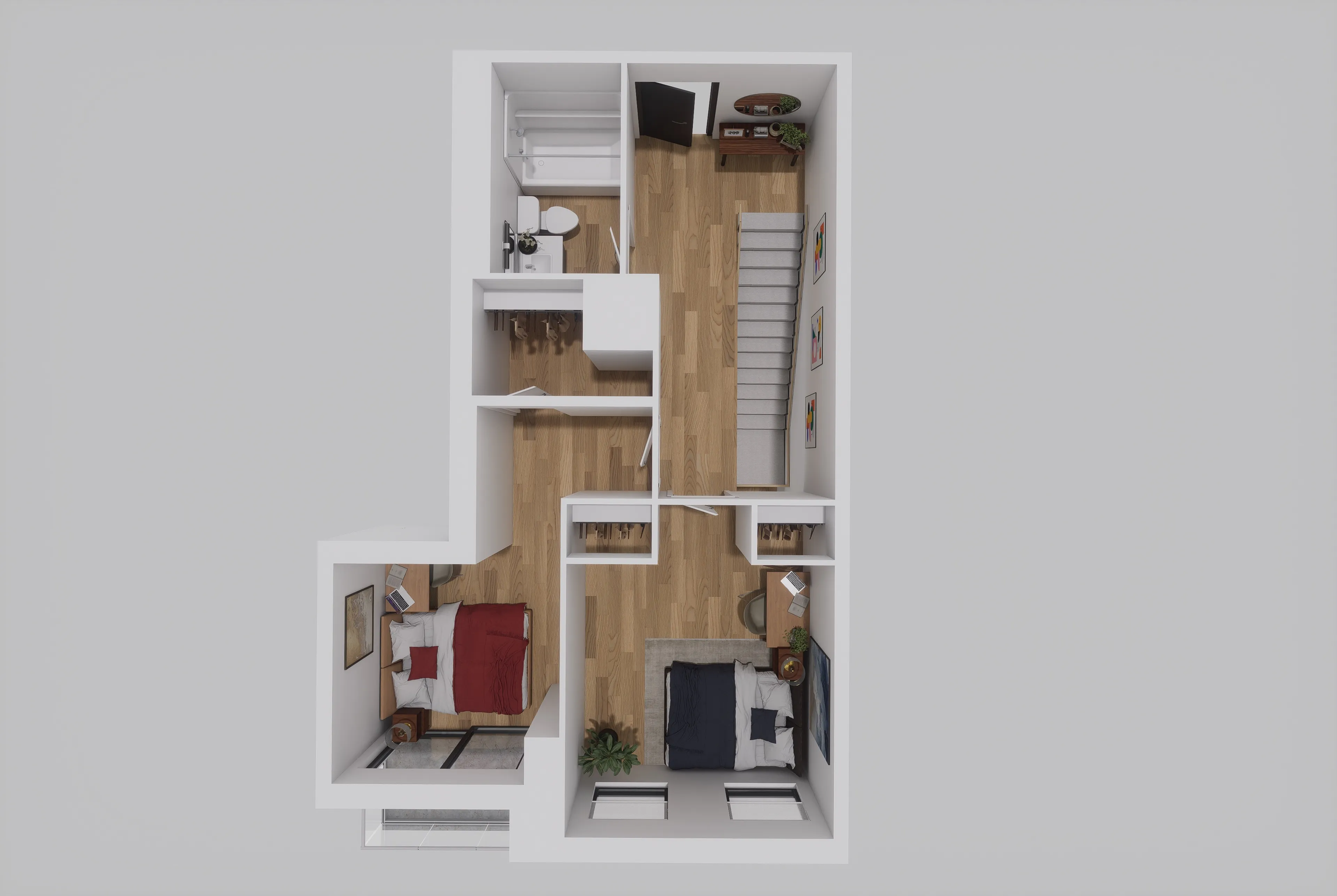 Modern 2D floor plan showcasing two cozy bedrooms, a sleek bathroom, and a chic hallway with art decor.