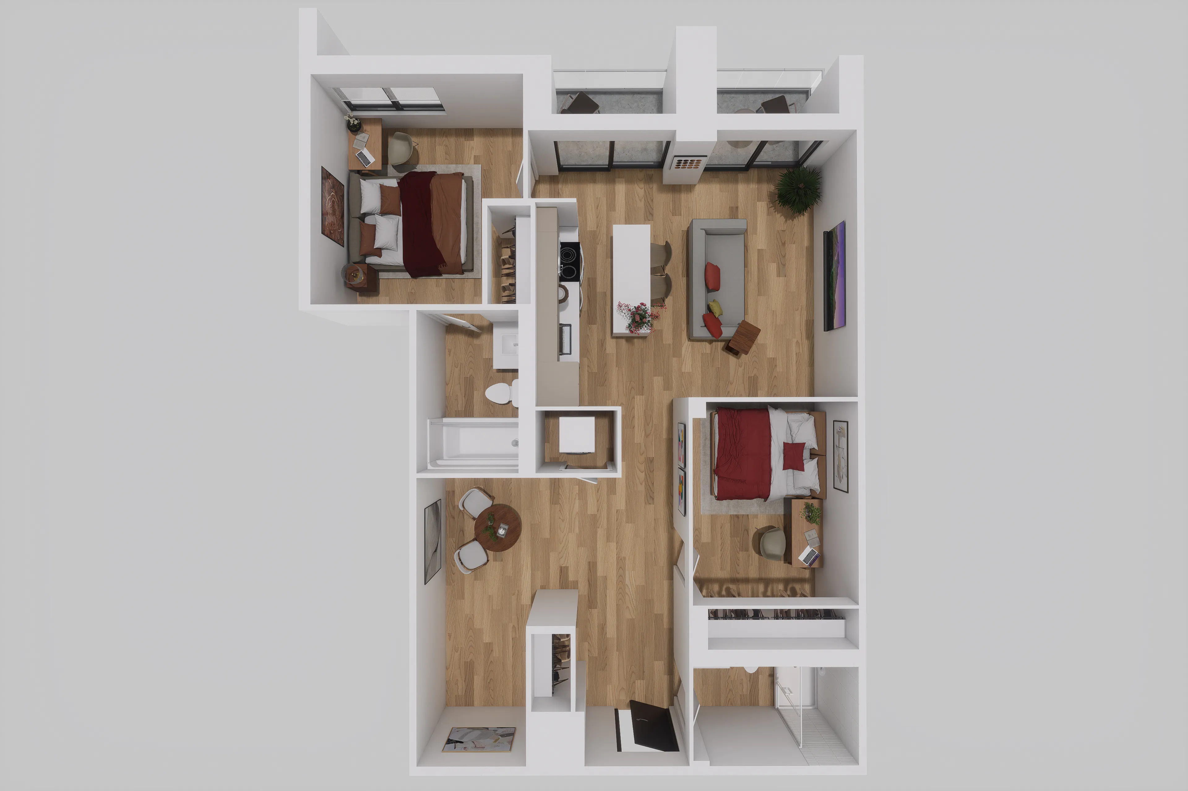 Modern 3D floor plan showcasing 2 cozy bedrooms, an inviting open-concept living area, and a sleek kitchen with stylish hardwood flooring.