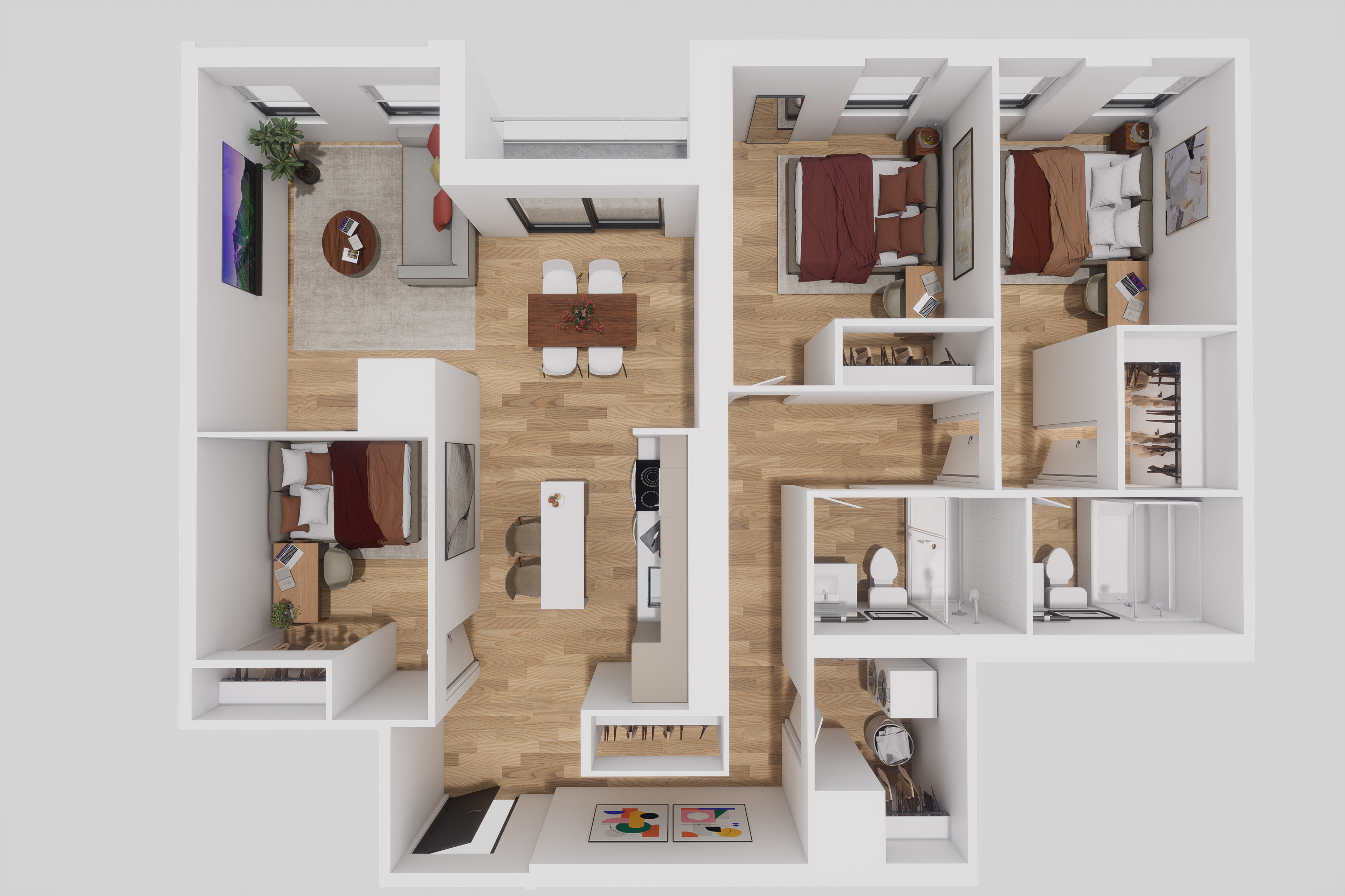 Modern 3-bedroom apartment floor plan showcasing open-concept living and dining area, stylish kitchen, and ample natural light.