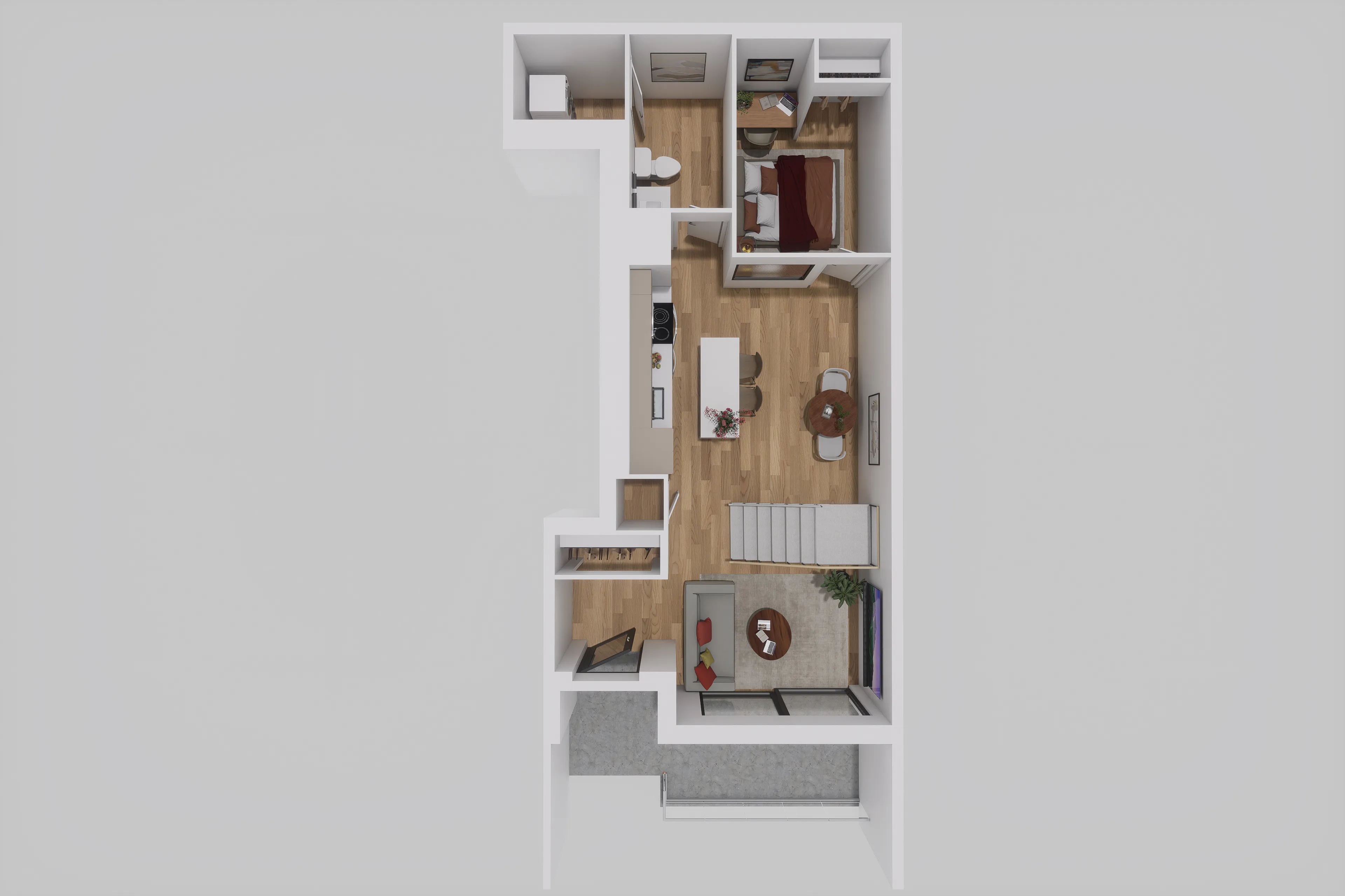 Elegant 3D floor plan showcasing a chic 1-bedroom apartment with an open living area, stylish kitchen, and cozy balcony.