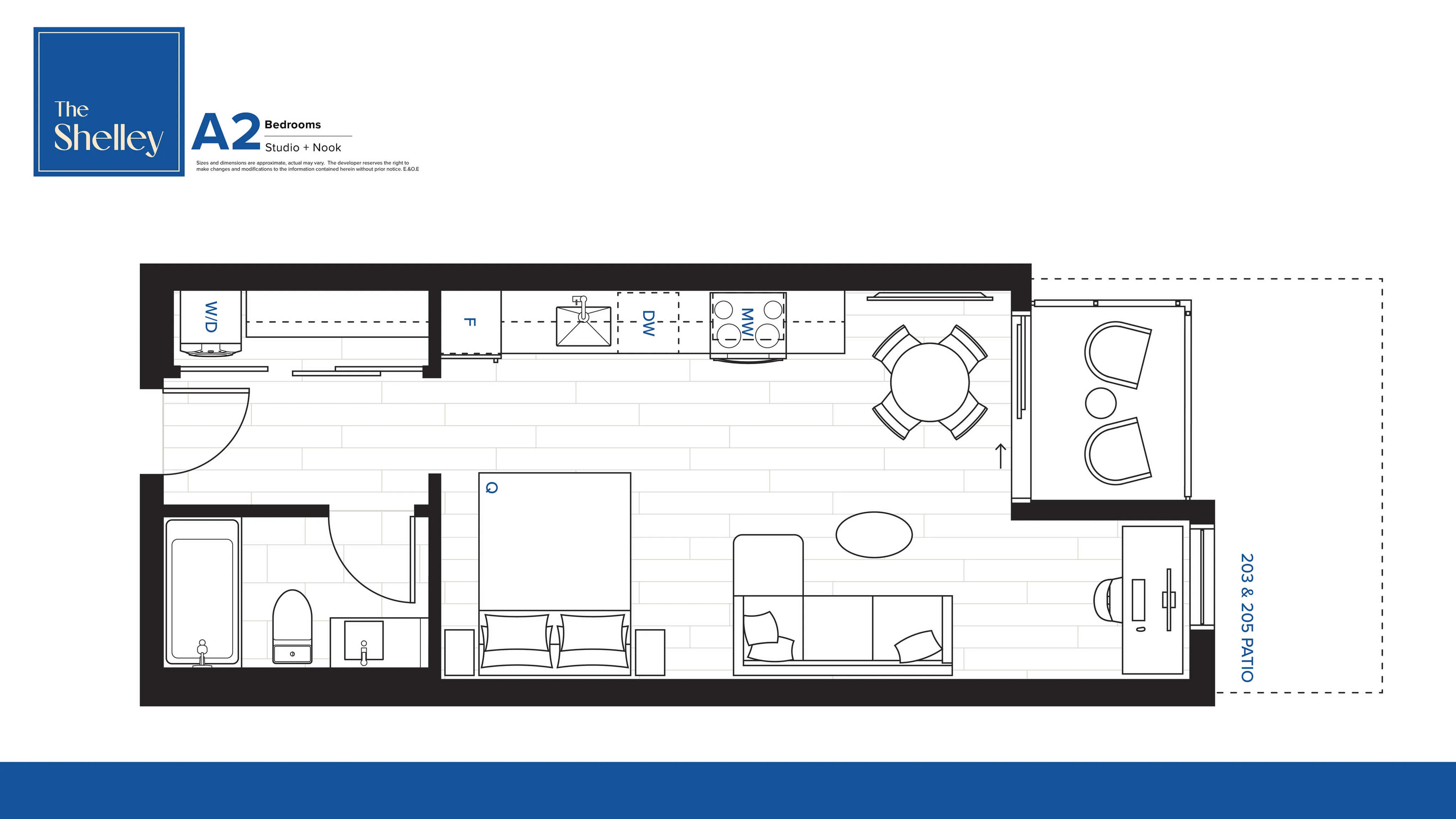 The Shelley A2 floor plan featuring a modern studio with a stylish nook, open living area, compact kitchen, and cozy bathroom, complete with a charming patio space.
