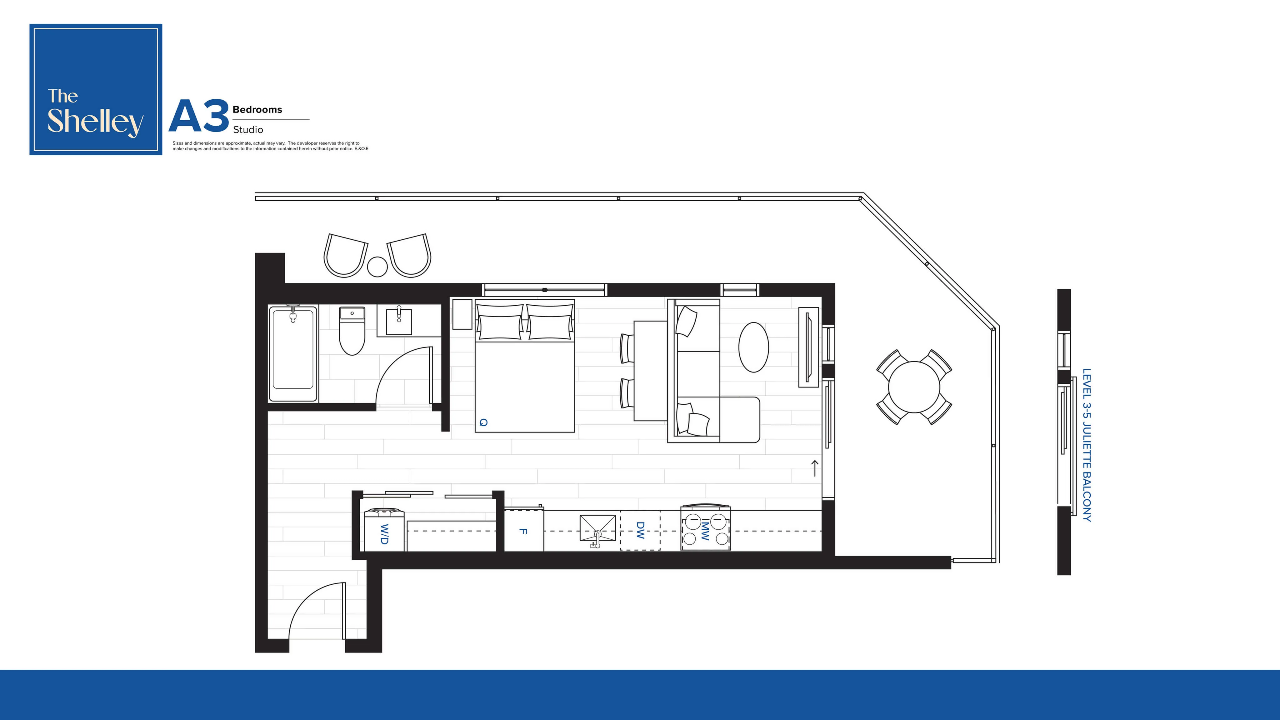 The Shelley A3 studio floor plan features an efficient layout with a spacious bed area, modern kitchen, and inviting living space, complemented by a Juliette balcony for serene views.