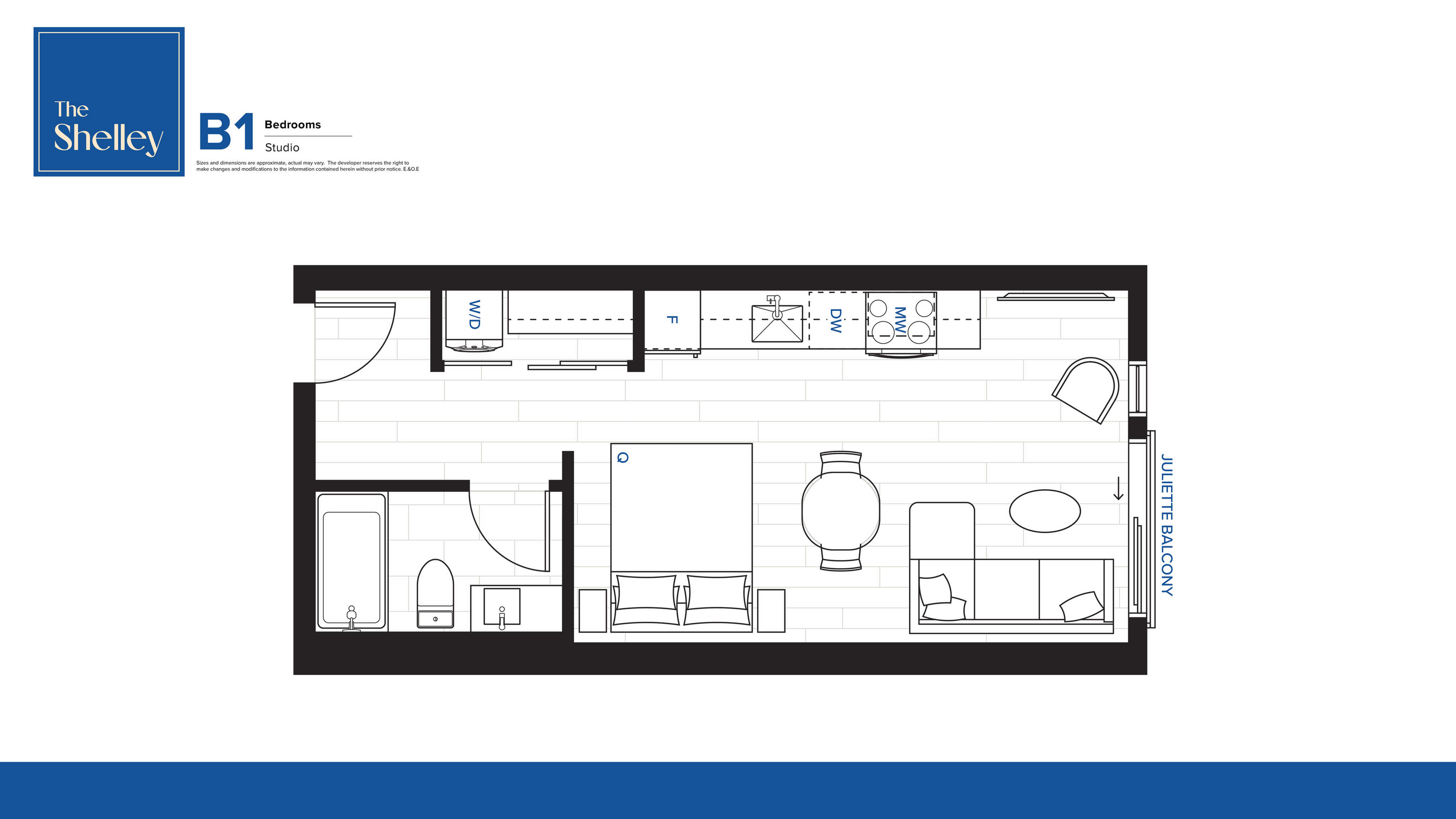 The Shelley B1 studio floor plan featuring a modern open layout with a Juliette balcony, a compact kitchen, washer/dryer area, and a stylish living space.