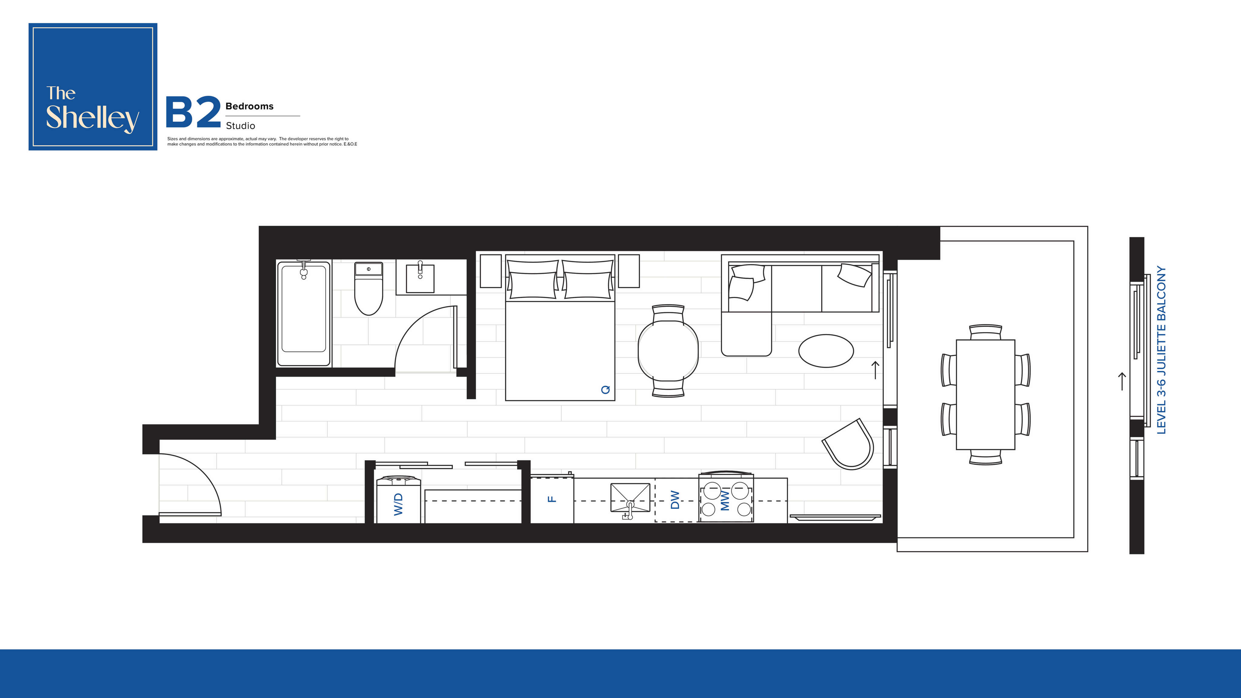 Modern floor plan at The Shelley featuring 2 bedrooms, a spacious living area, and Juliette balcony, designed for stylish studio living.