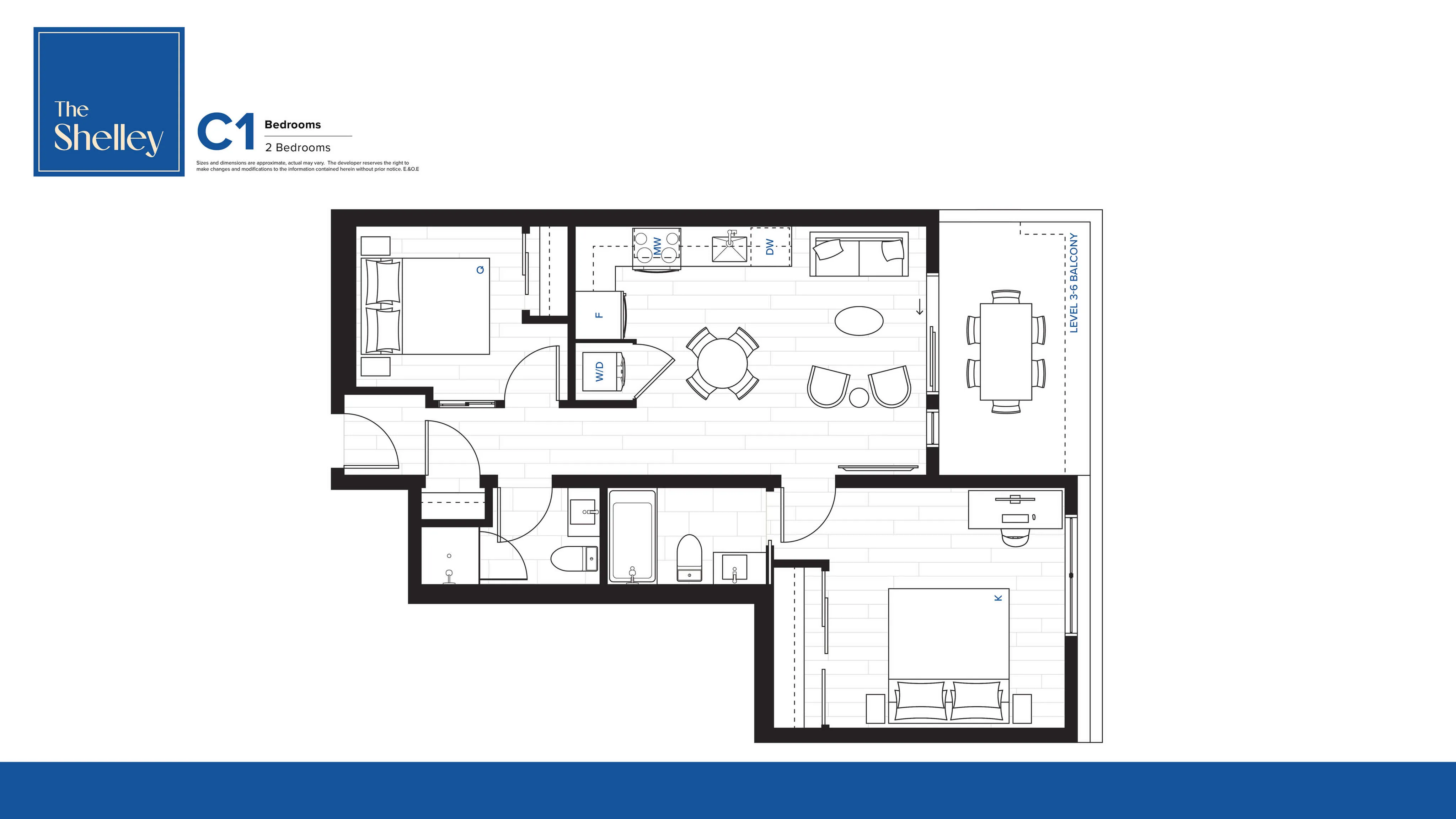 The Shelley C1 floor plan showcasing a modern 2-bedroom layout with open living and dining area, spacious kitchen, and private balcony.