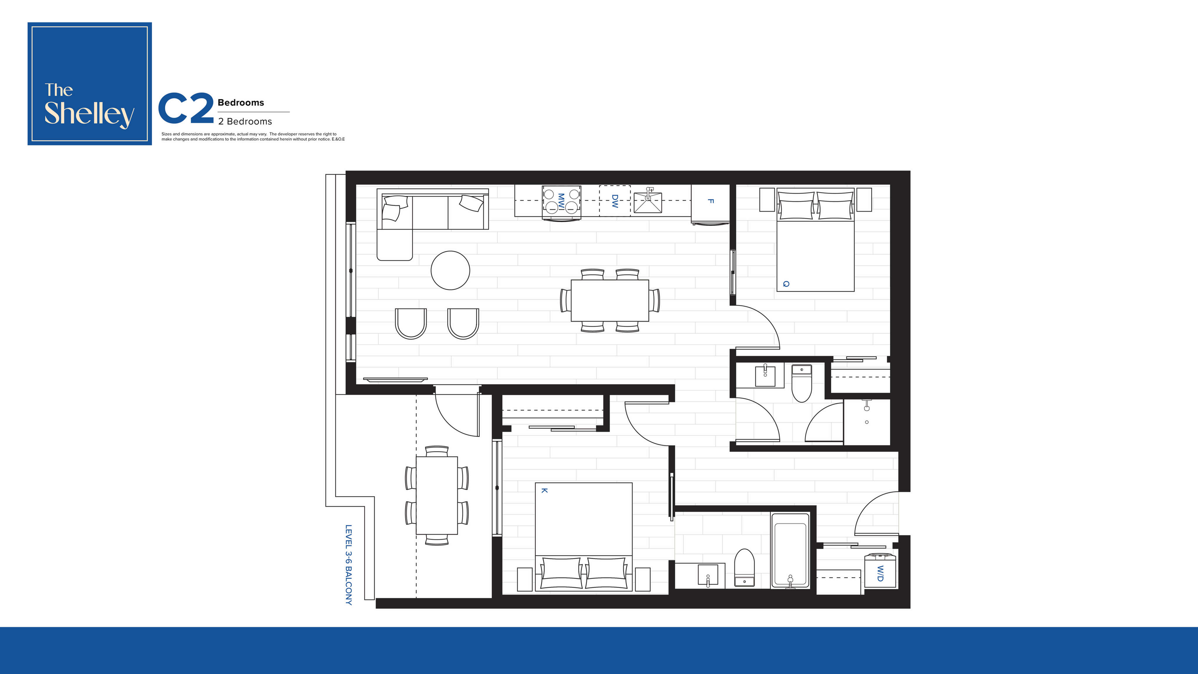 The Shelley C2 floor plan showcasing a modern 2-bedroom layout with an open-concept living and dining area, a streamlined kitchen, and a balcony on Level 36.