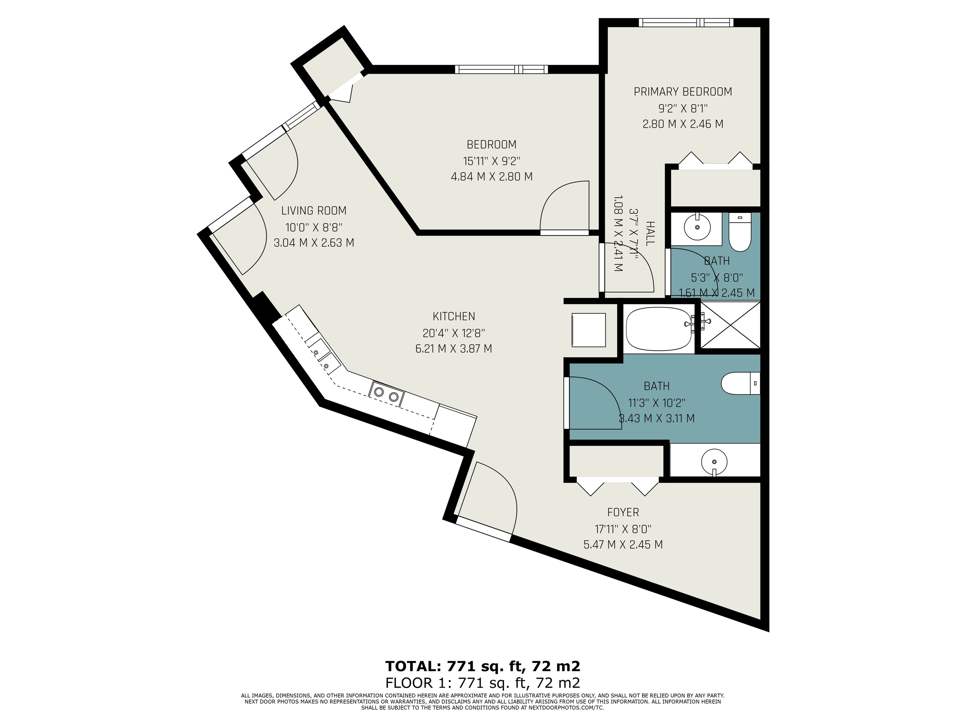 Contemporary floor plan showcasing 771 sq ft with an innovative layout featuring 2 bedrooms, a well-equipped kitchen, and a cozy living room, complemented by two modern bathrooms for optimal comfort.