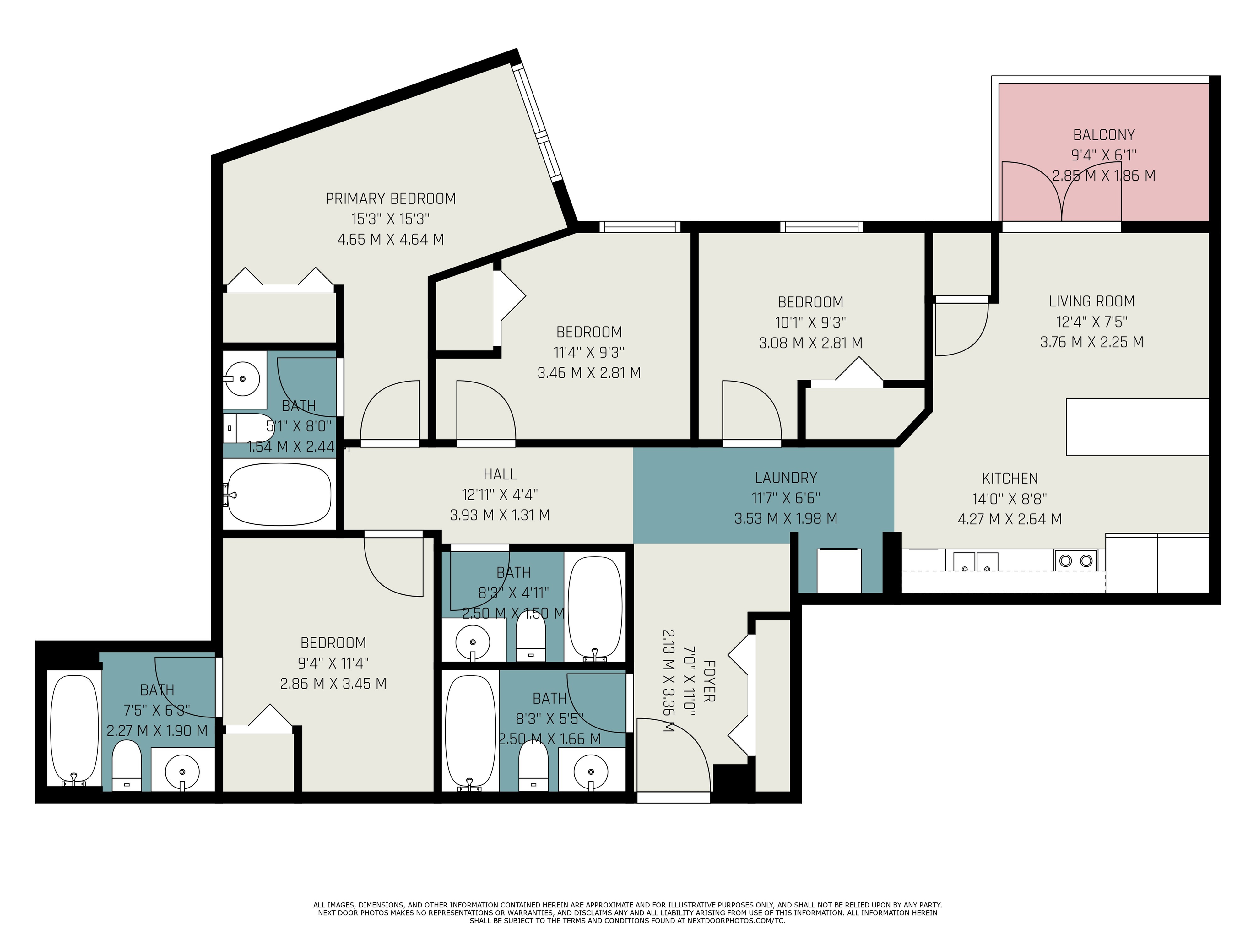 Modern floor plan featuring 4 bedrooms, spacious living room, kitchen, laundry area, and balcony. Includes multiple baths for convenience and comfort.