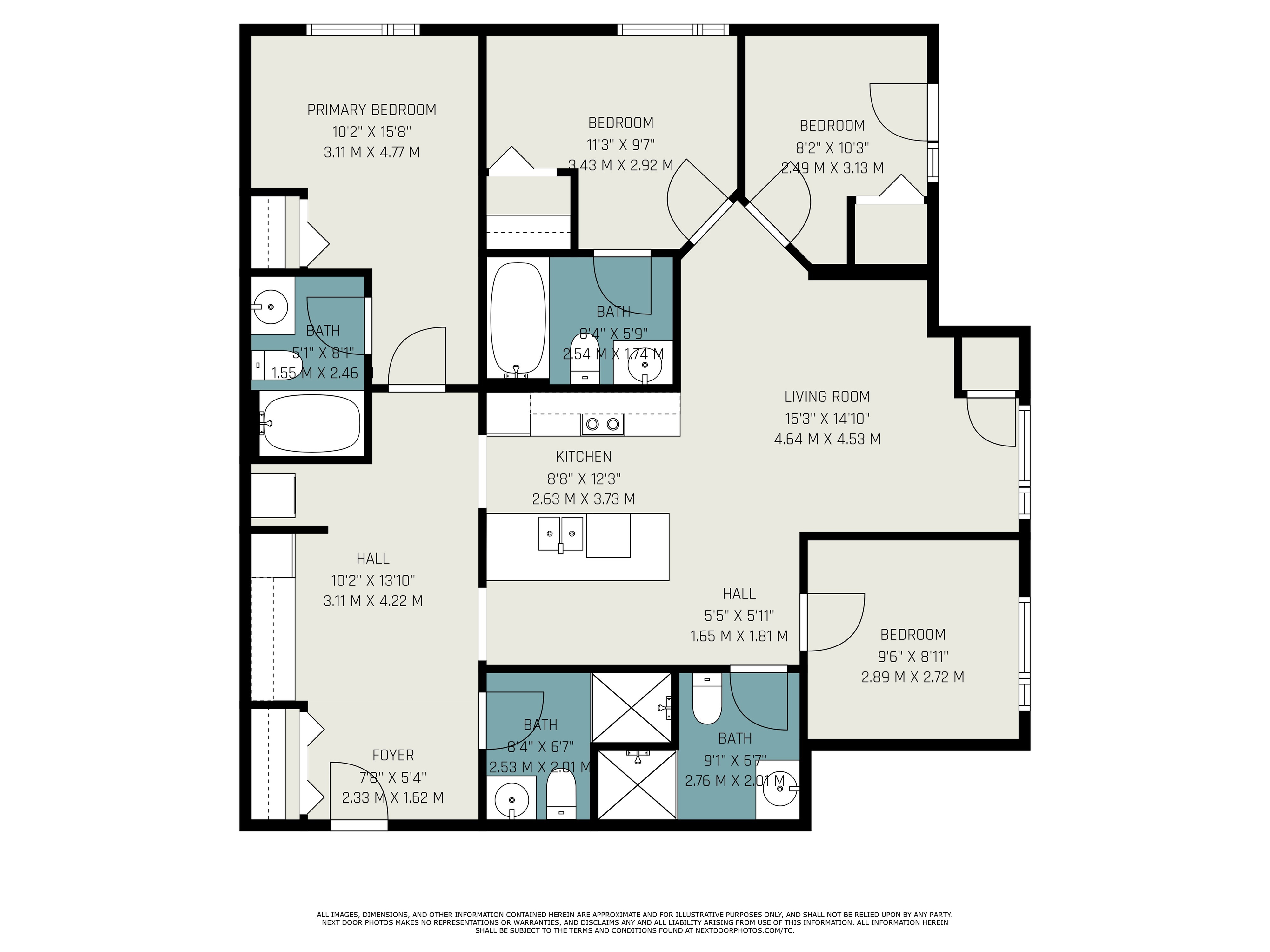 Chic apartment floor plan featuring 3 bedrooms, a modern kitchen, spacious living room, and 3 bathrooms, ideal for comfortable urban living.