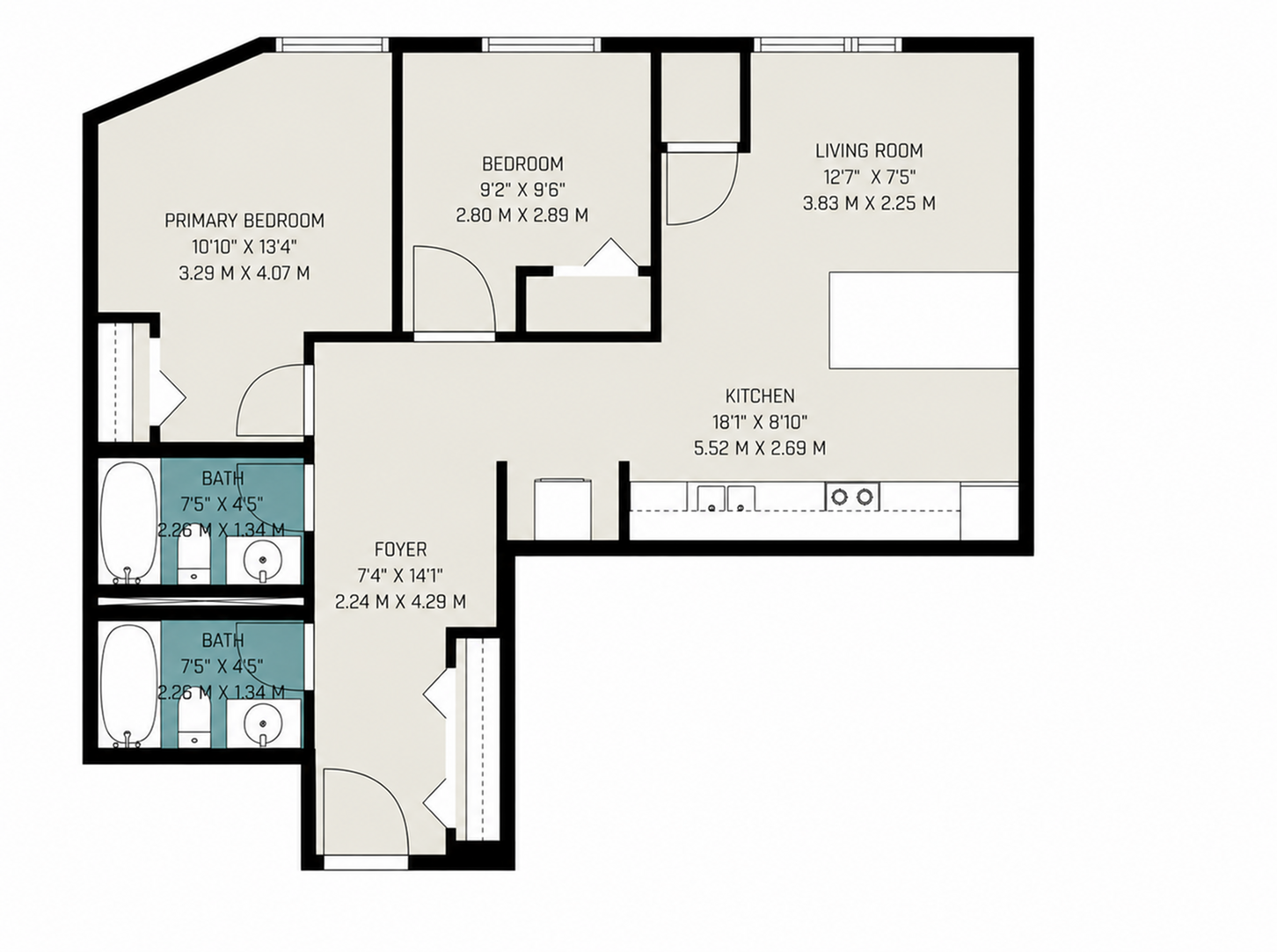 Modern floor plan highlighting a spacious layout with primary bedroom, additional bedroom, large kitchen, open living room, and two stylish bathrooms.