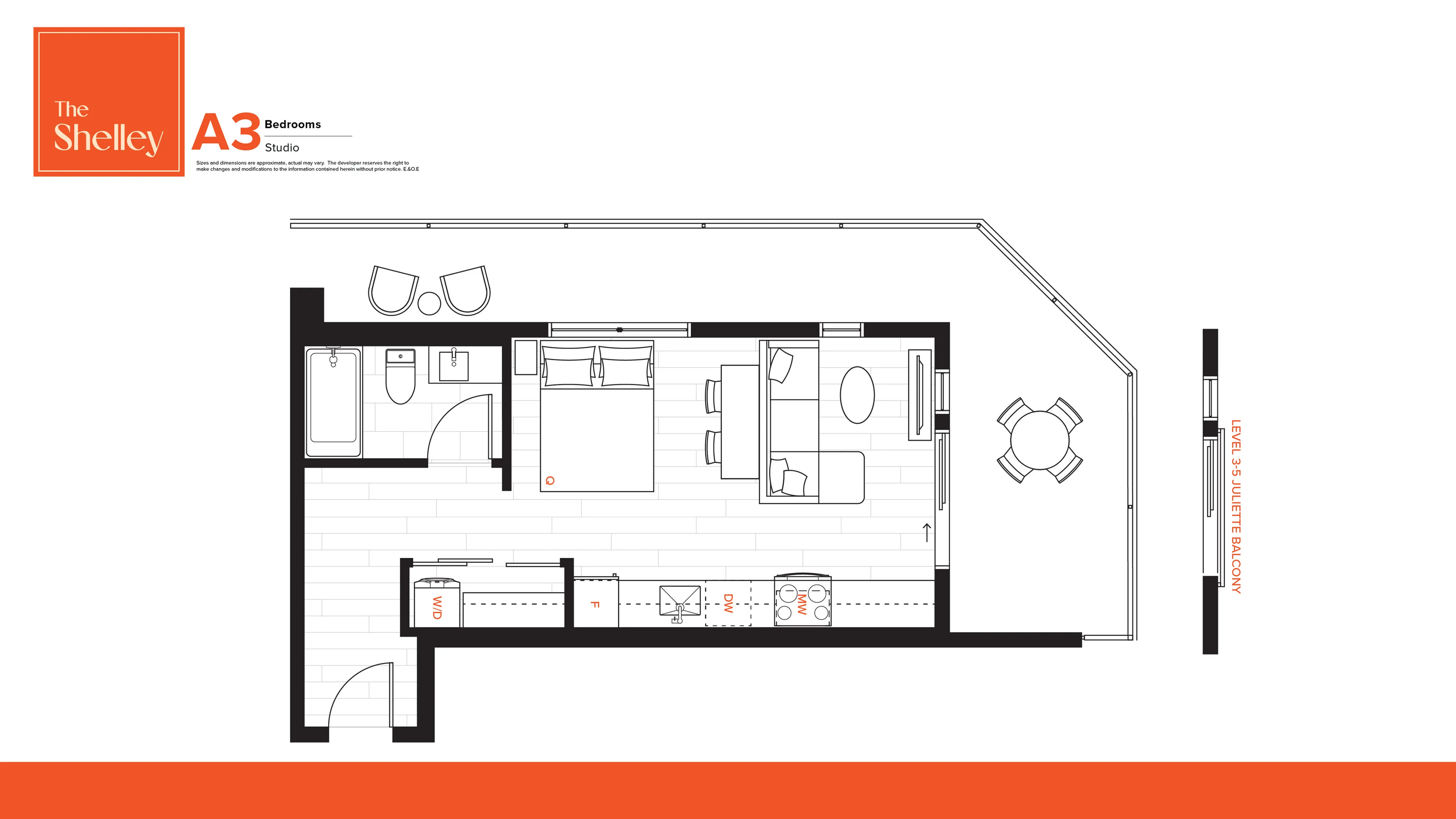 The Shelley A3 studio floor plan featuring a modern open layout with a bedroom, living area, kitchen, and Juliette balcony.