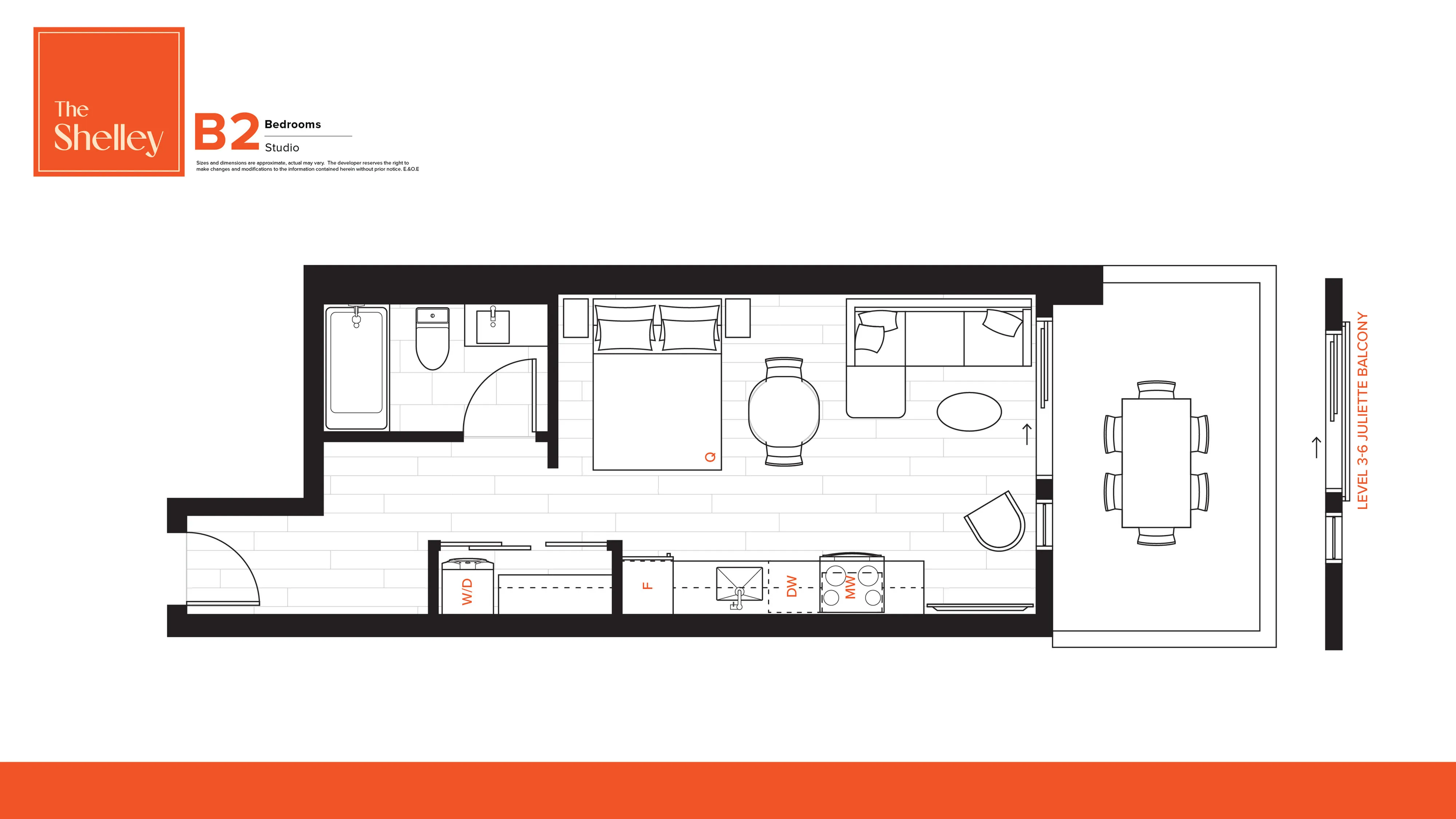 Contemporary B2 studio floor plan at The Shelley featuring a sophisticated layout with two bedrooms, a spacious living area, modern kitchen, and a Juliette balcony.