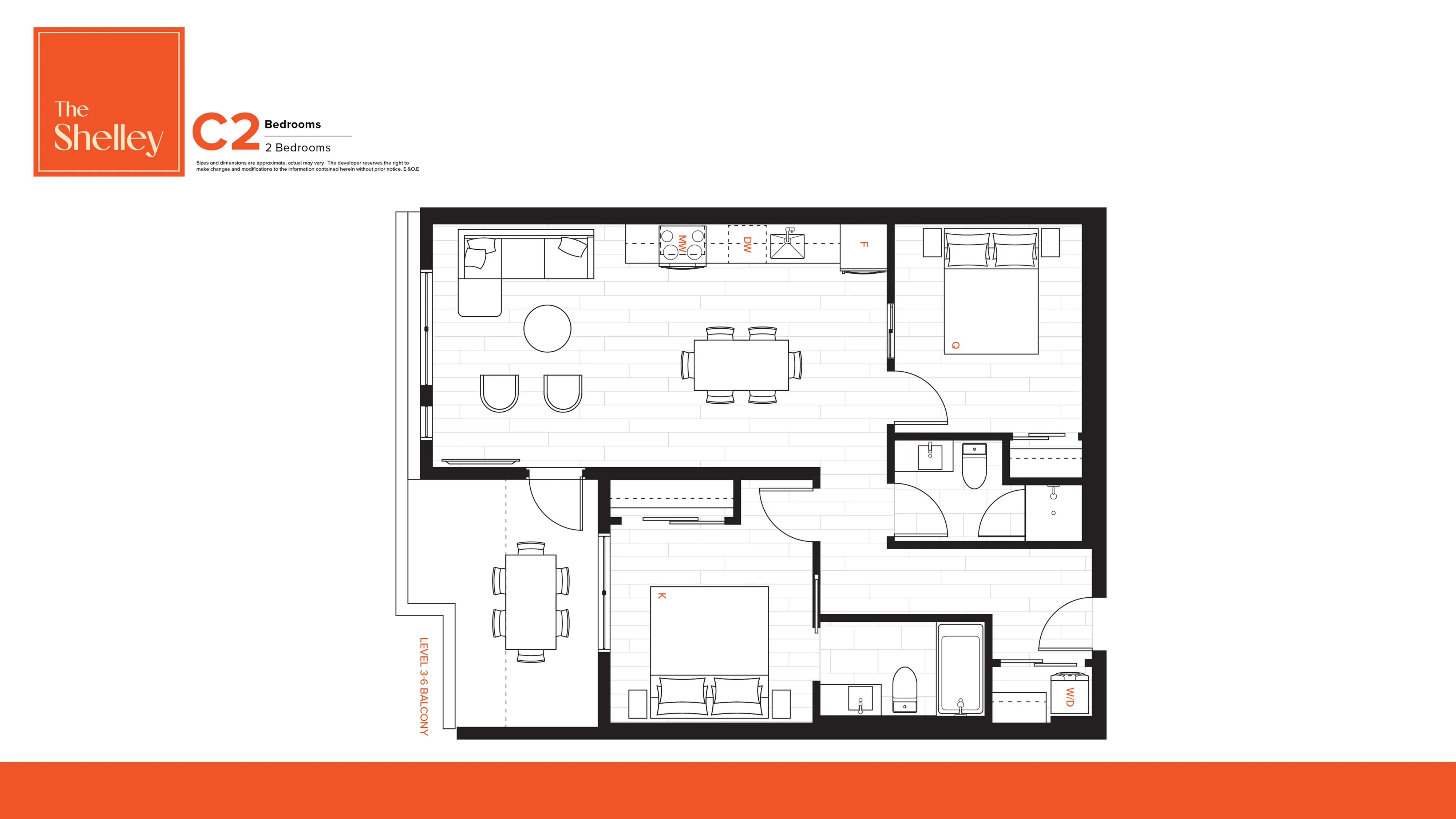 The Shelley C2 apartment floor plan showcasing 2 bedrooms, a stylish open-plan living and dining area, modern kitchen, and balcony access.