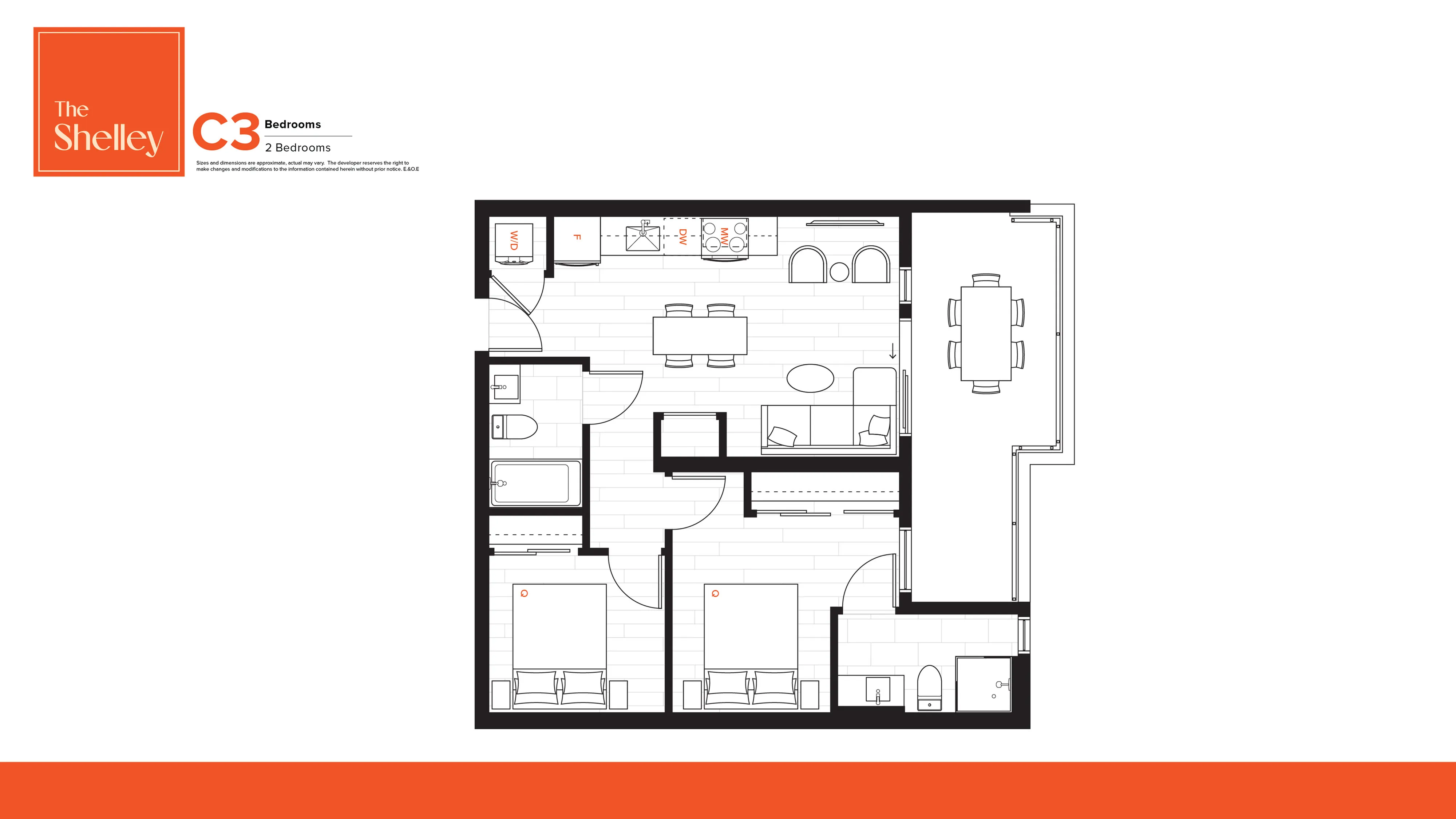 Chic floor plan of 'The Shelley' featuring 2 bedrooms, a modern kitchen, open dining and living area, and a stylish layout.