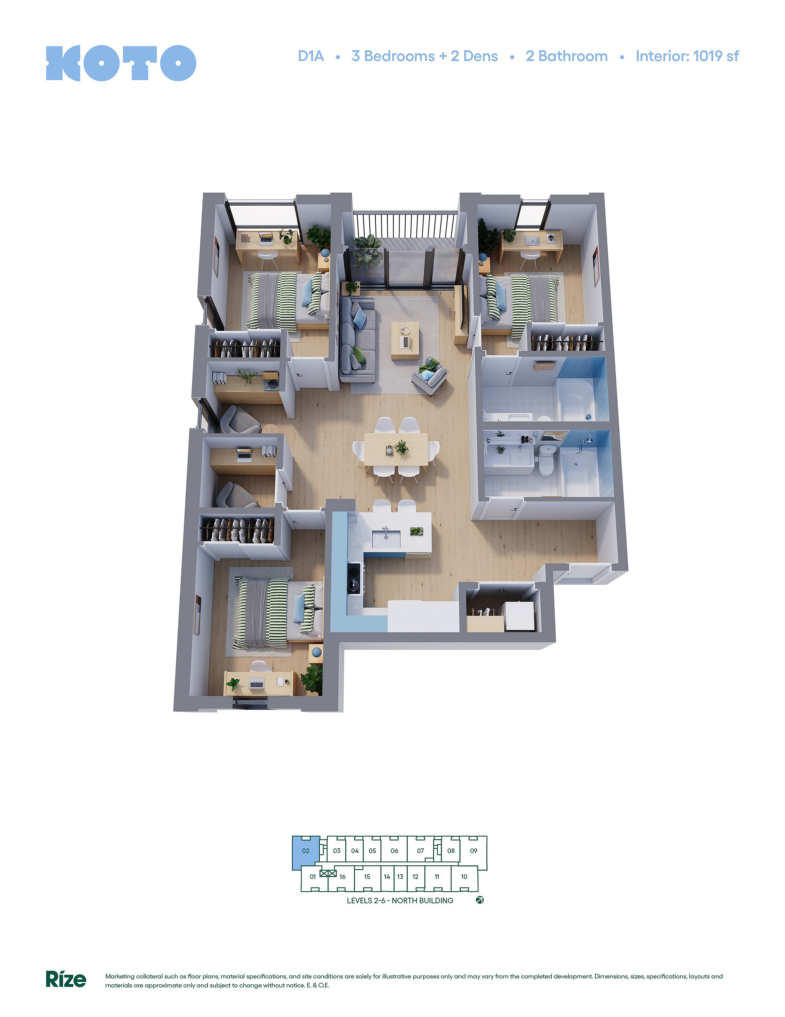 Elegant 3D floor plan for KOTO unit, showcasing 3 bedrooms, 2 dens, 2 bathrooms, and a modern open-concept living area, spread across 1019 sq ft.