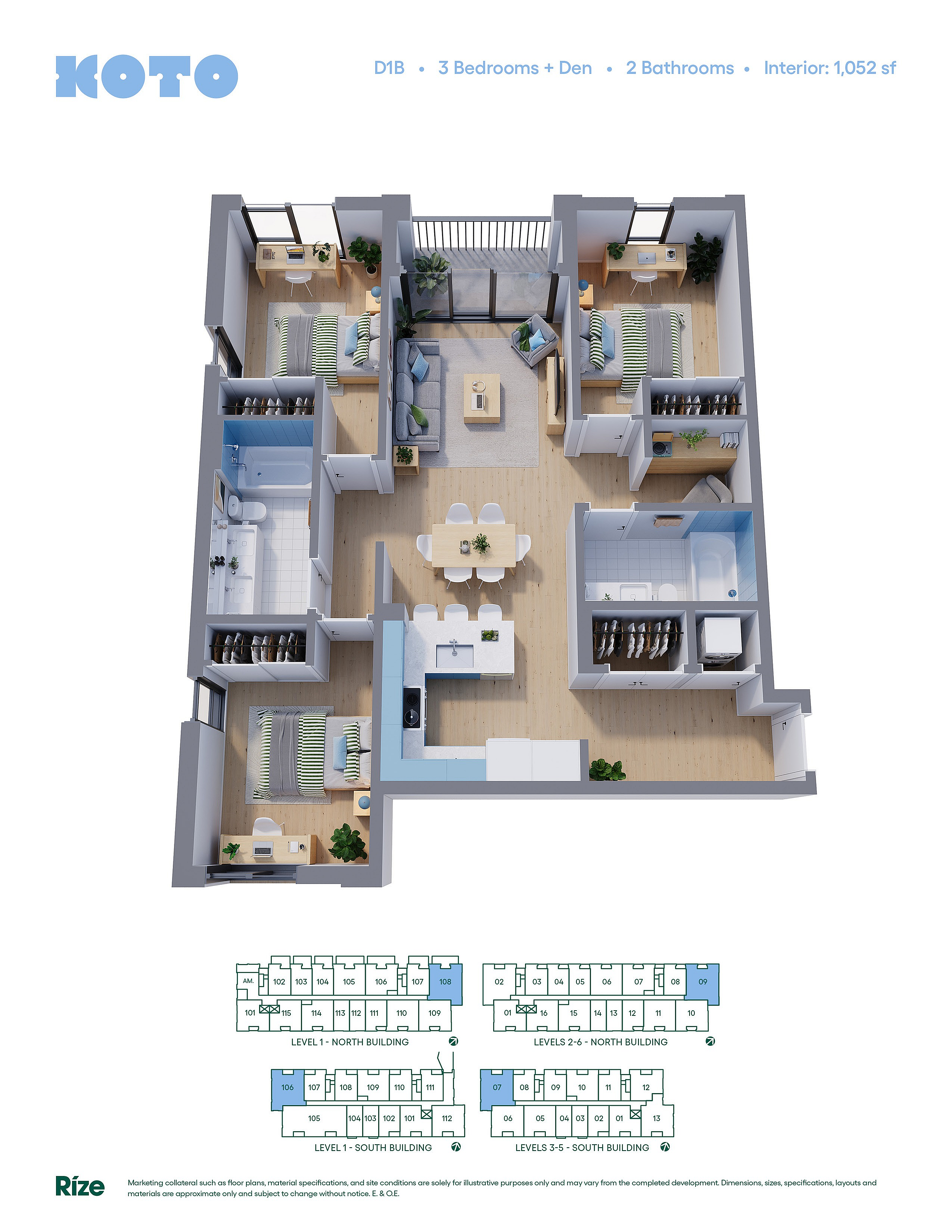 Modern 3-bedroom apartment floor plan with additional den, featuring an open-concept living and dining area, stylish kitchen, and two elegant bathrooms. Spacious layout at 1,052 sq ft offers abundant natural light and versatile living spaces.