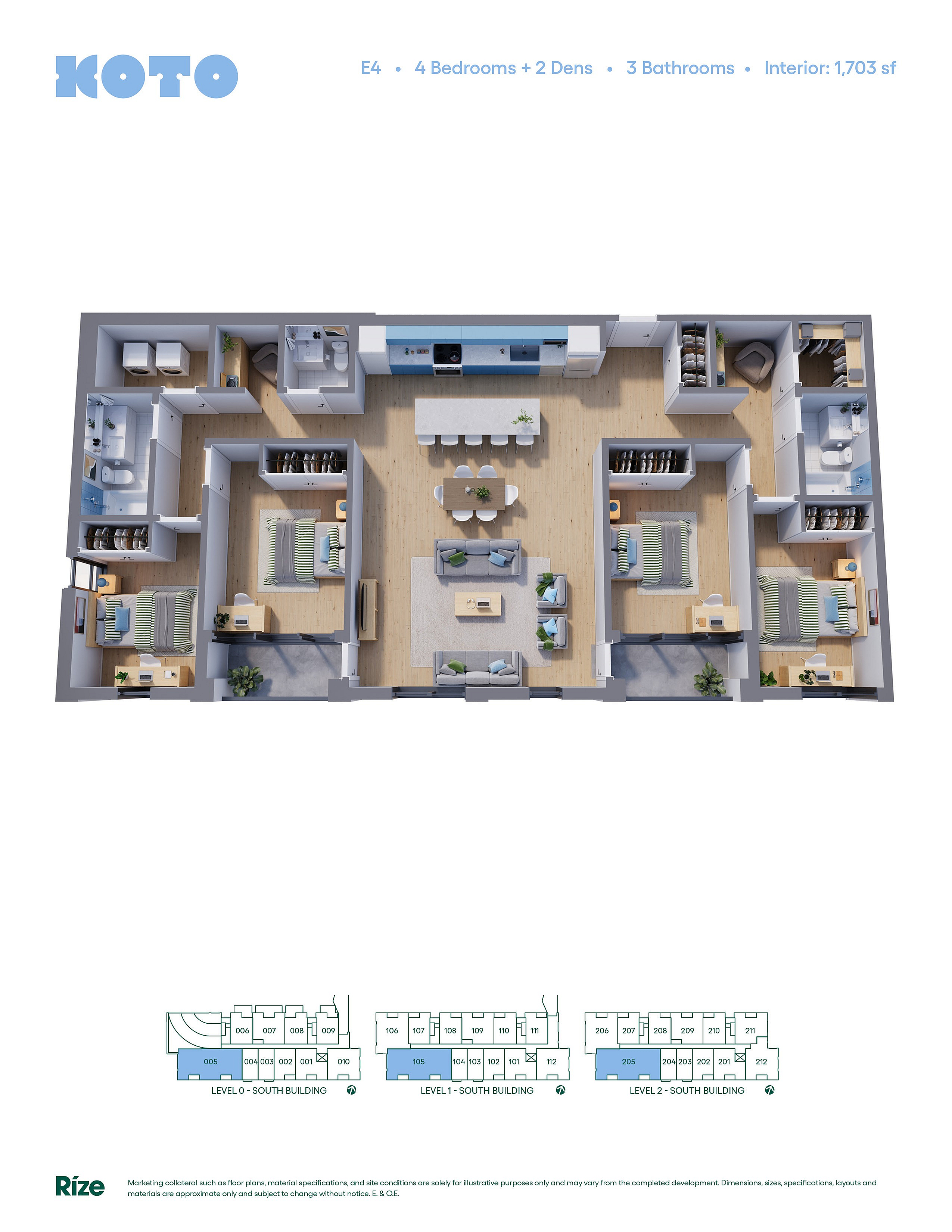 Luxurious floor plan of KOTO featuring 4 bedrooms, 2 dens, and 3 bathrooms in a spacious 1,703 sq ft layout, perfect for modern living.