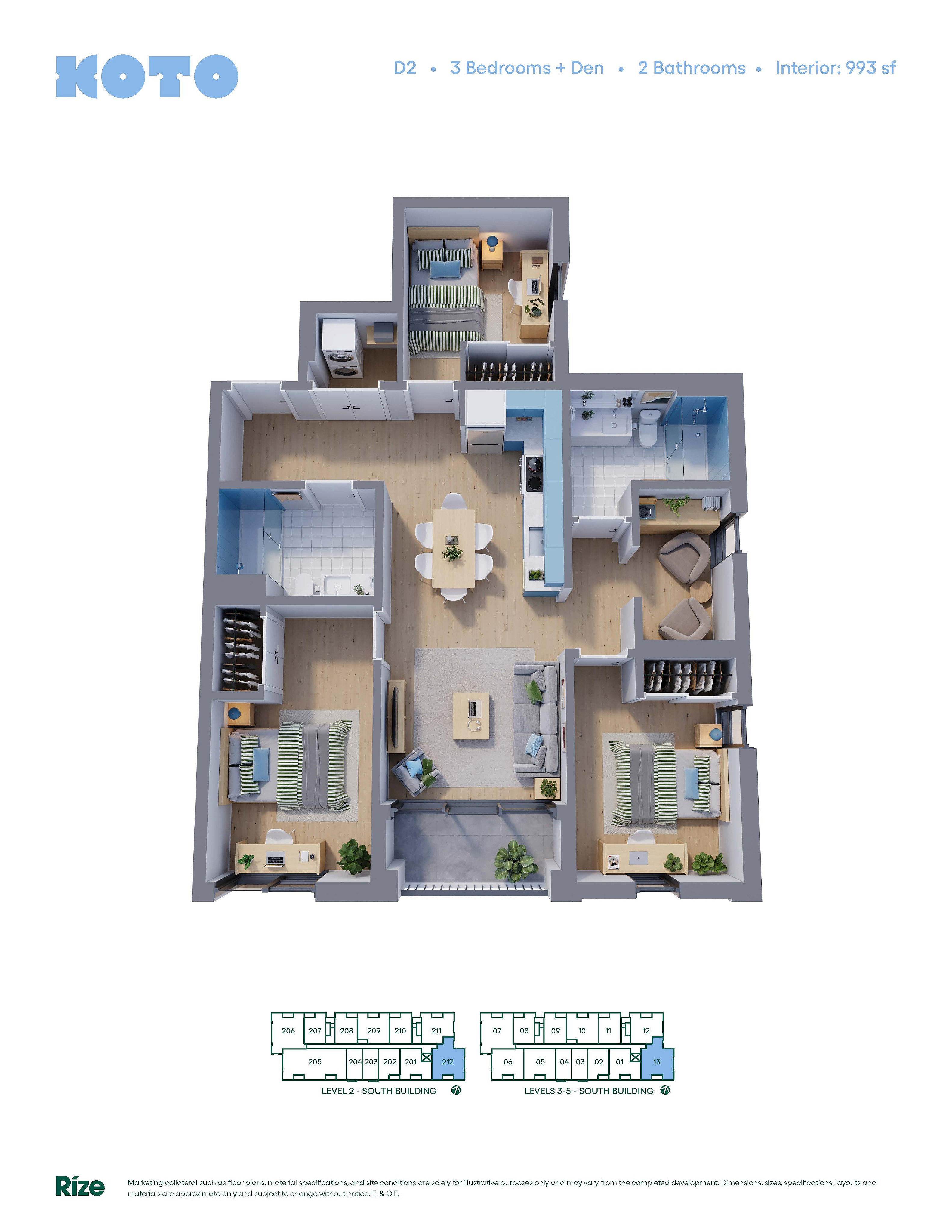 Modern floor plan of Koto D2 unit featuring 3 bedrooms, a cozy den, and 2 bathrooms in a spacious 993 sq ft layout.
