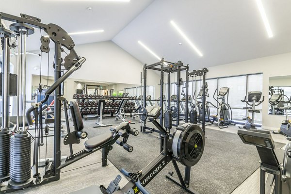 Modern fitness center equipped with state-of-the-art gym machinery, free weights, and cardio equipment in a bright, spacious setting.