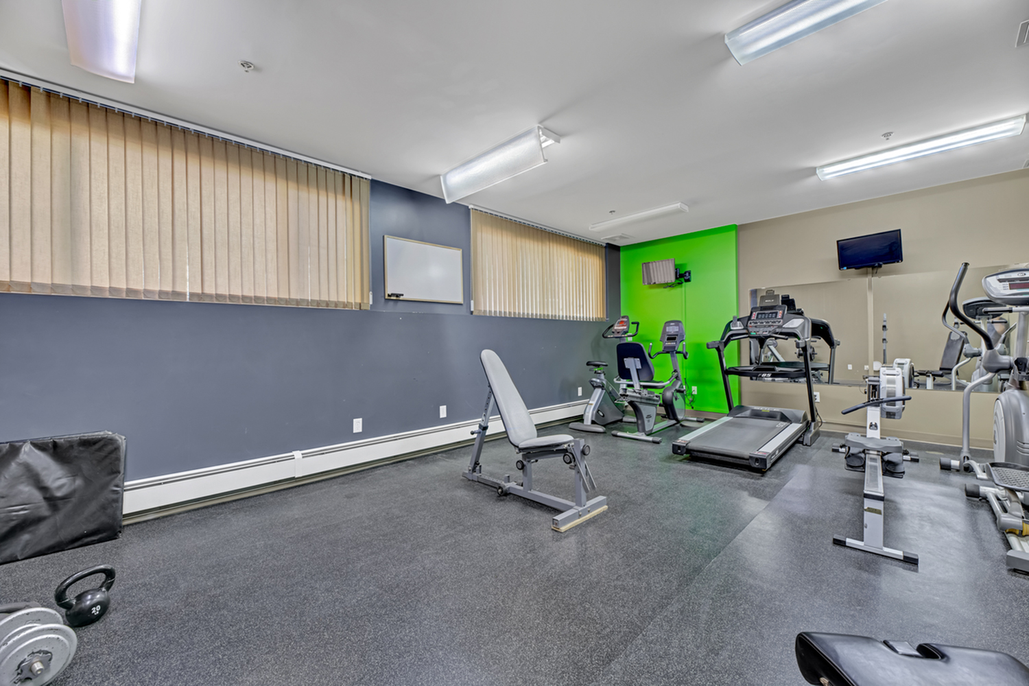 Modern gym with state-of-the-art equipment, including treadmills, exercise bikes, and free weights, set in a bright, well-lit space with vibrant accents.