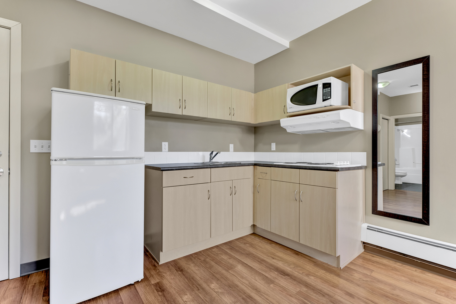 Modern kitchen with sleek cabinetry, hardwood flooring, and built-in appliances, ideal for functional living.
