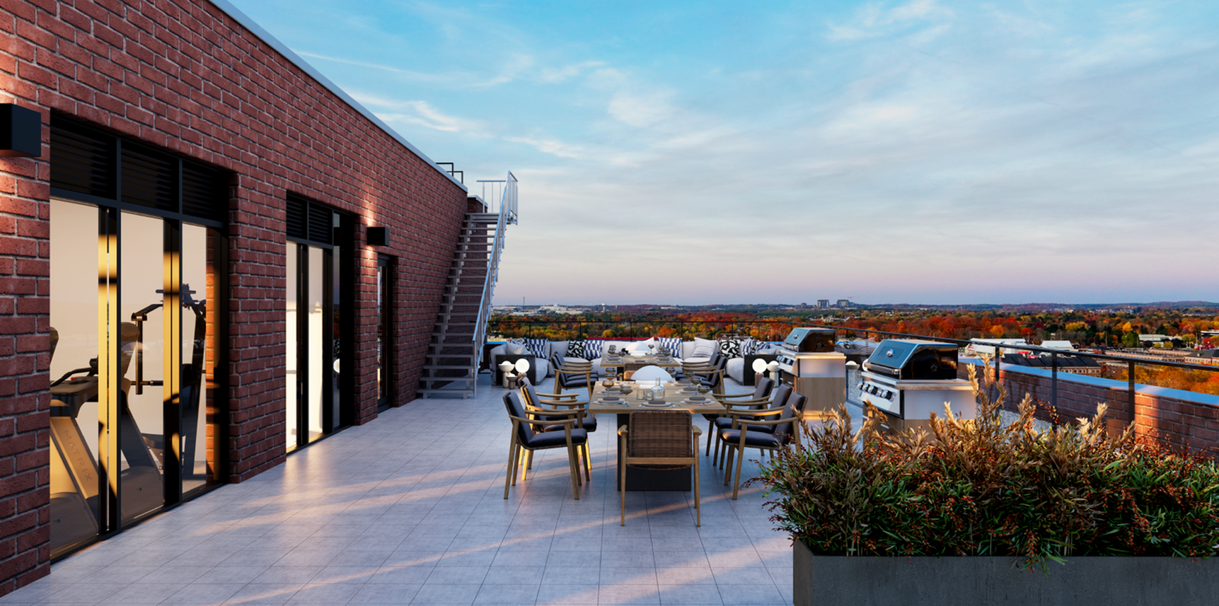 Luxurious rooftop terrace with modern dining set, BBQ grills, and panoramic city views under a stunning sky.