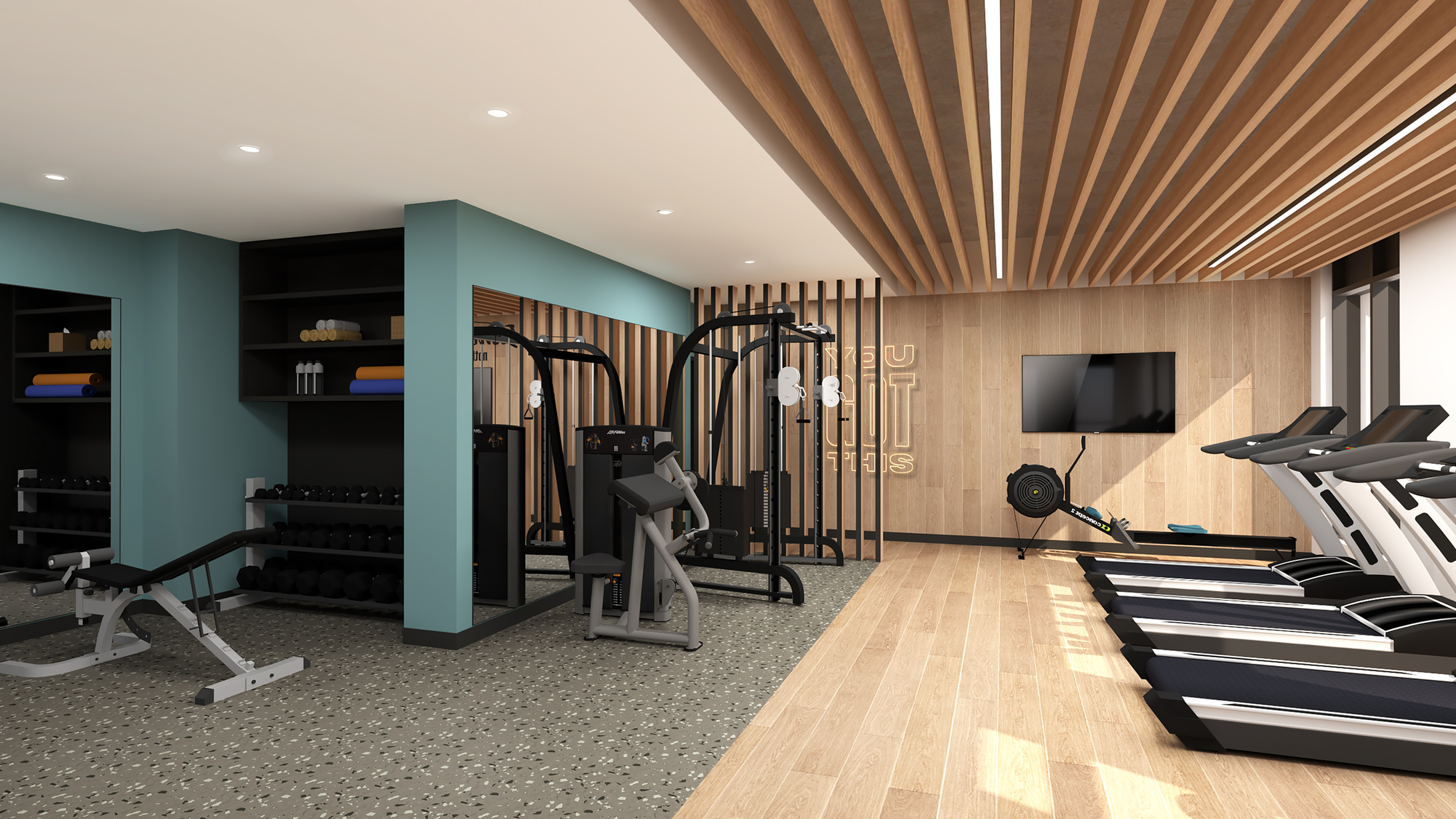 Bright and modern fitness center with sleek treadmills, state-of-the-art exercise equipment, and stylish wood paneling.