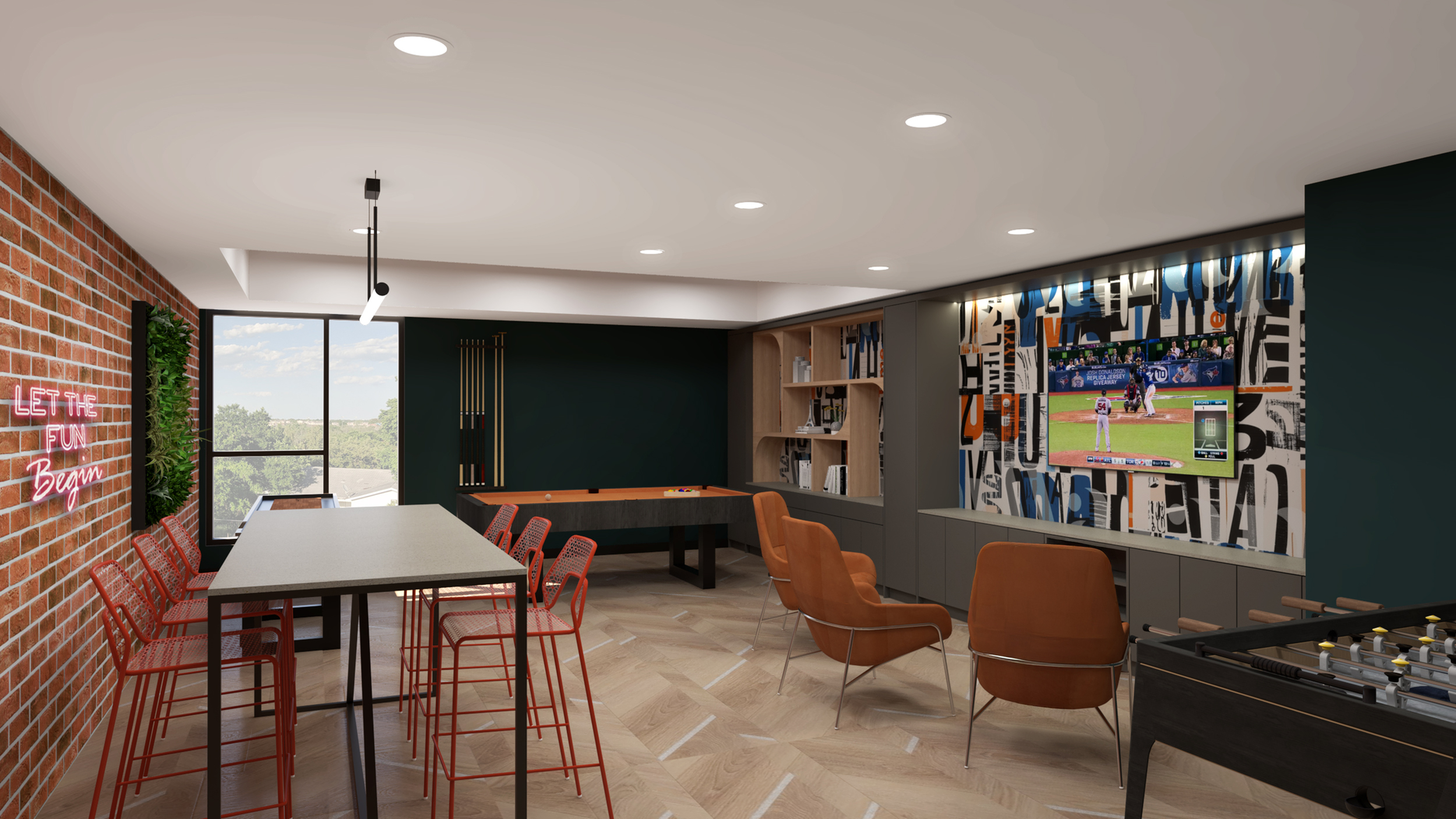 Vibrant entertainment lounge with modern decor, featuring a neon sign, wall art, and a sports-themed viewing area.
