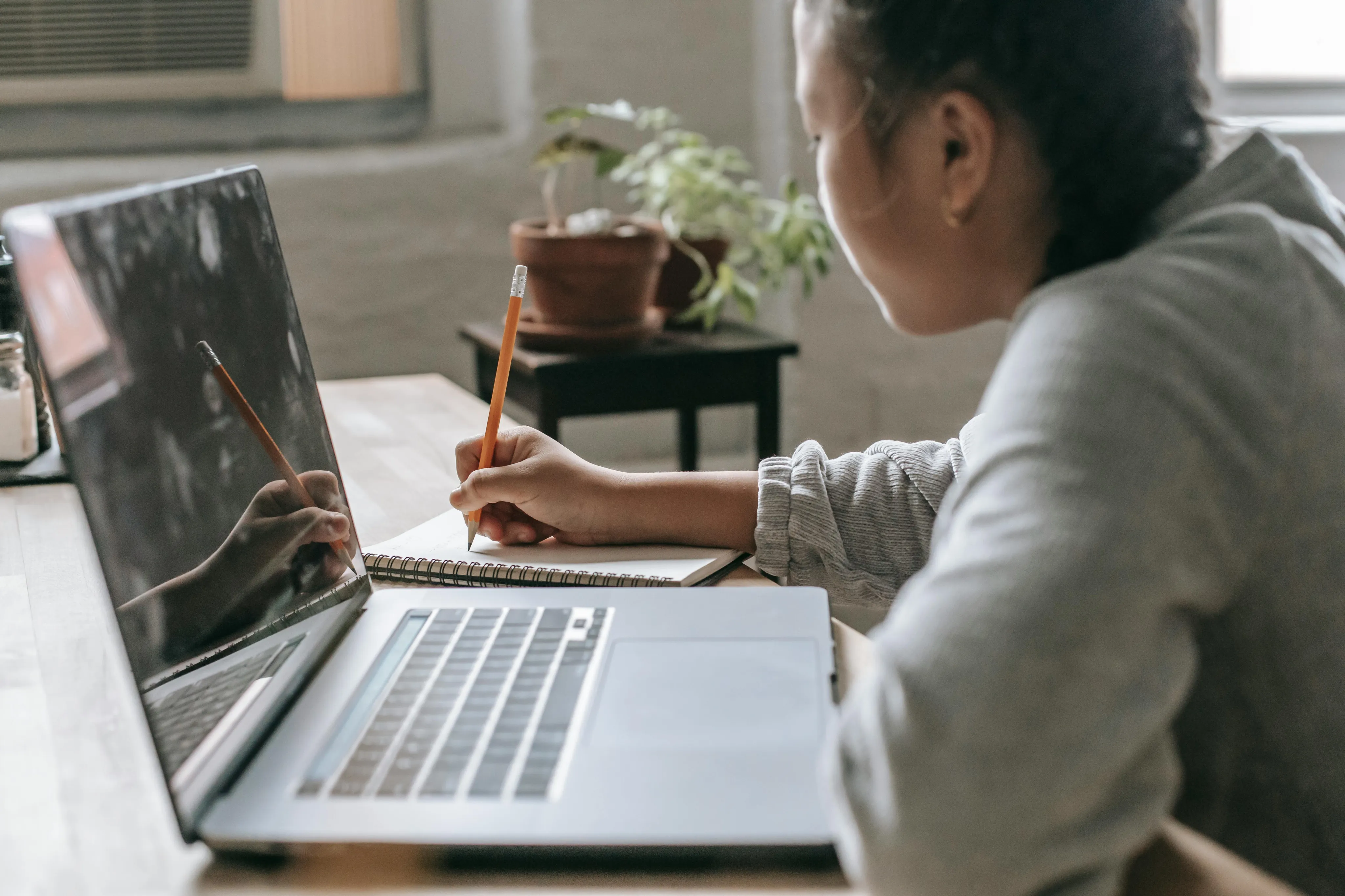 Person writing in a notebook while using a laptop in a bright home office setting with a potted plant.