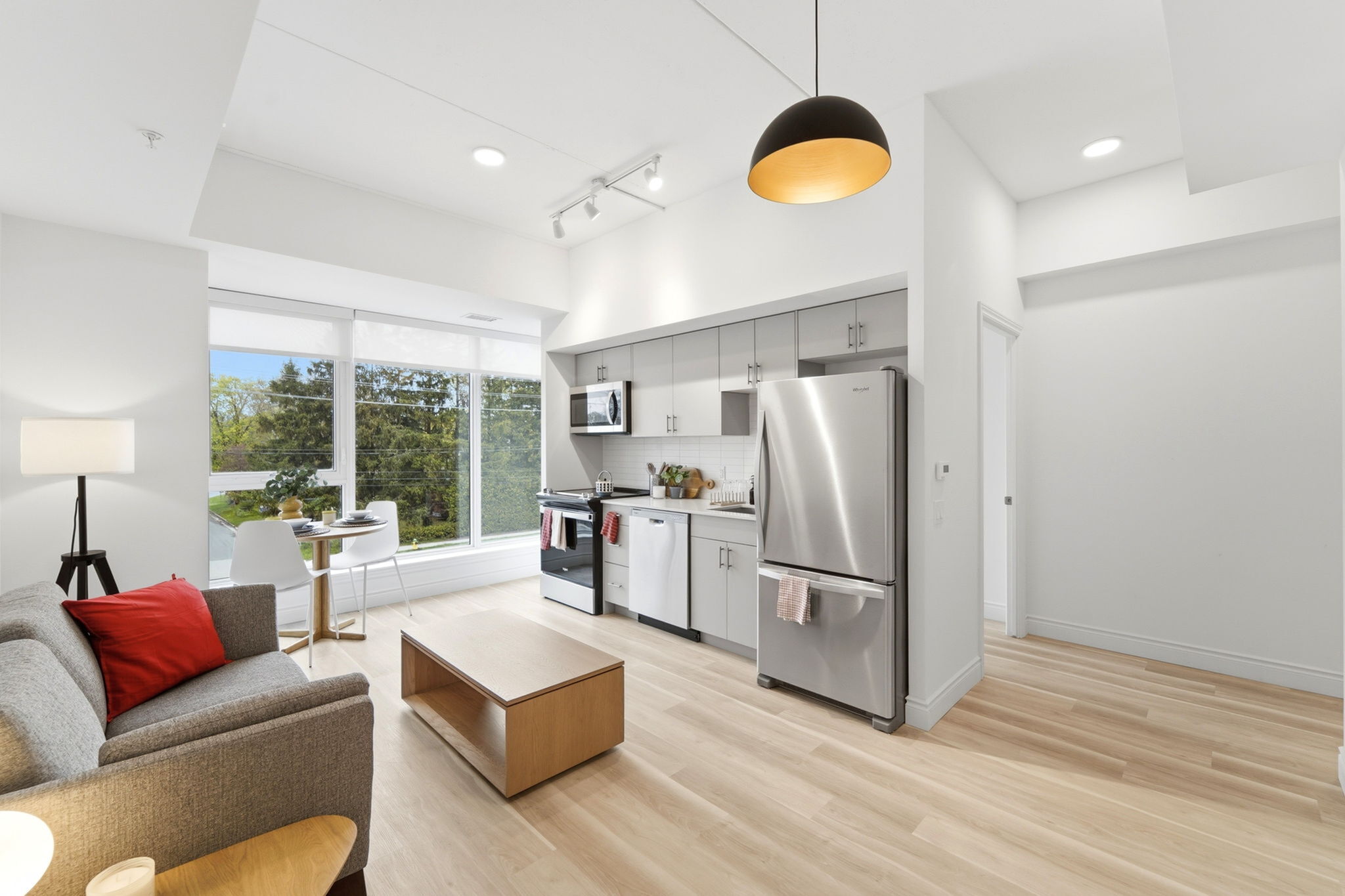 Bright modern open-plan kitchen and living area with large windows, sleek appliances, and stylish decor.