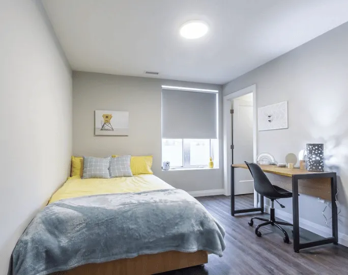 Bright and cozy bedroom with modern furnishings, featuring a comfy bed, a sleek desk setup, and natural light from a large window.