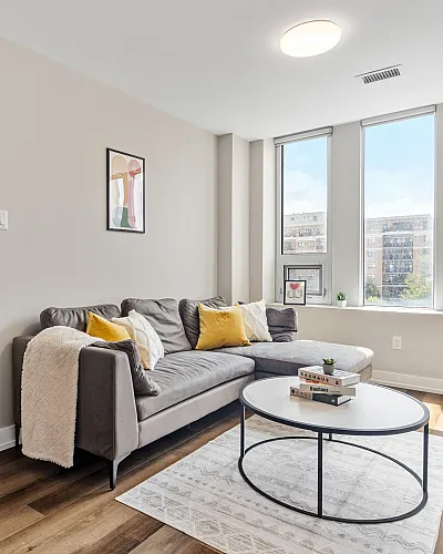 Bright and inviting living room with a modern gray sofa, stylish decor, and expansive windows offering urban views.
