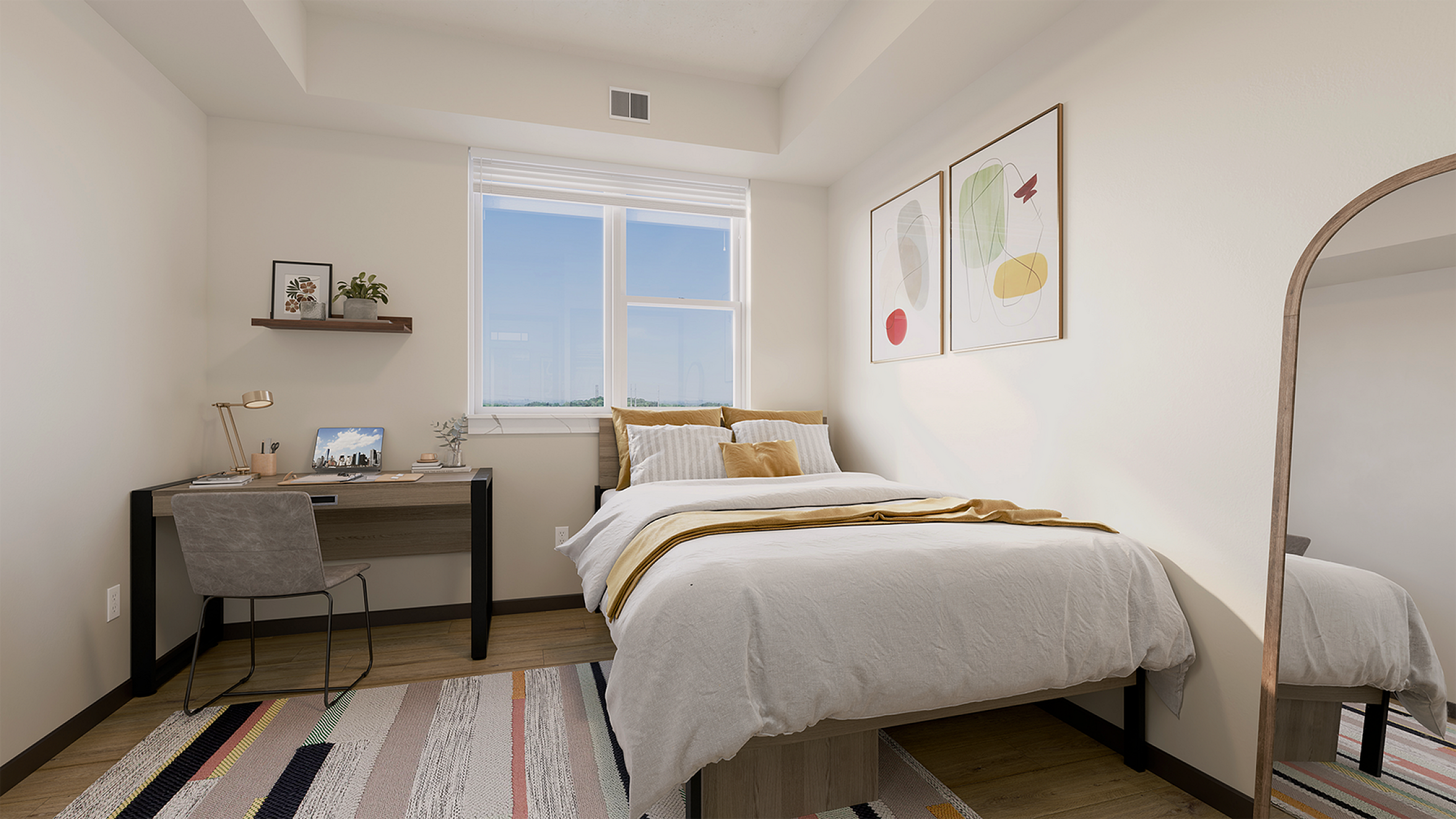 Chic bedroom with modern desk, cozy bed, framed art, and natural light from a large window.