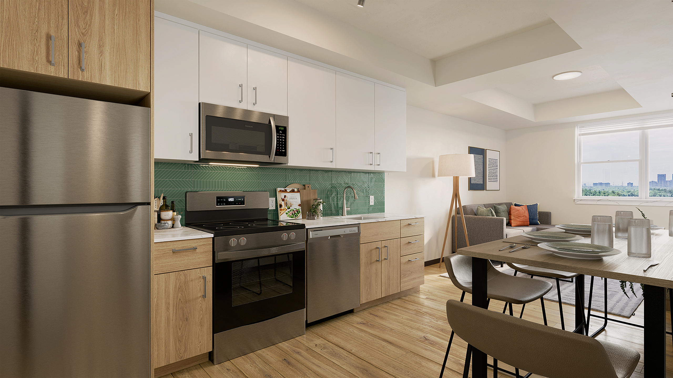 Modern apartment with a sleek kitchen featuring stainless steel appliances and elegant wooden cabinets, opening into a cozy living space with contemporary decor and a city view.