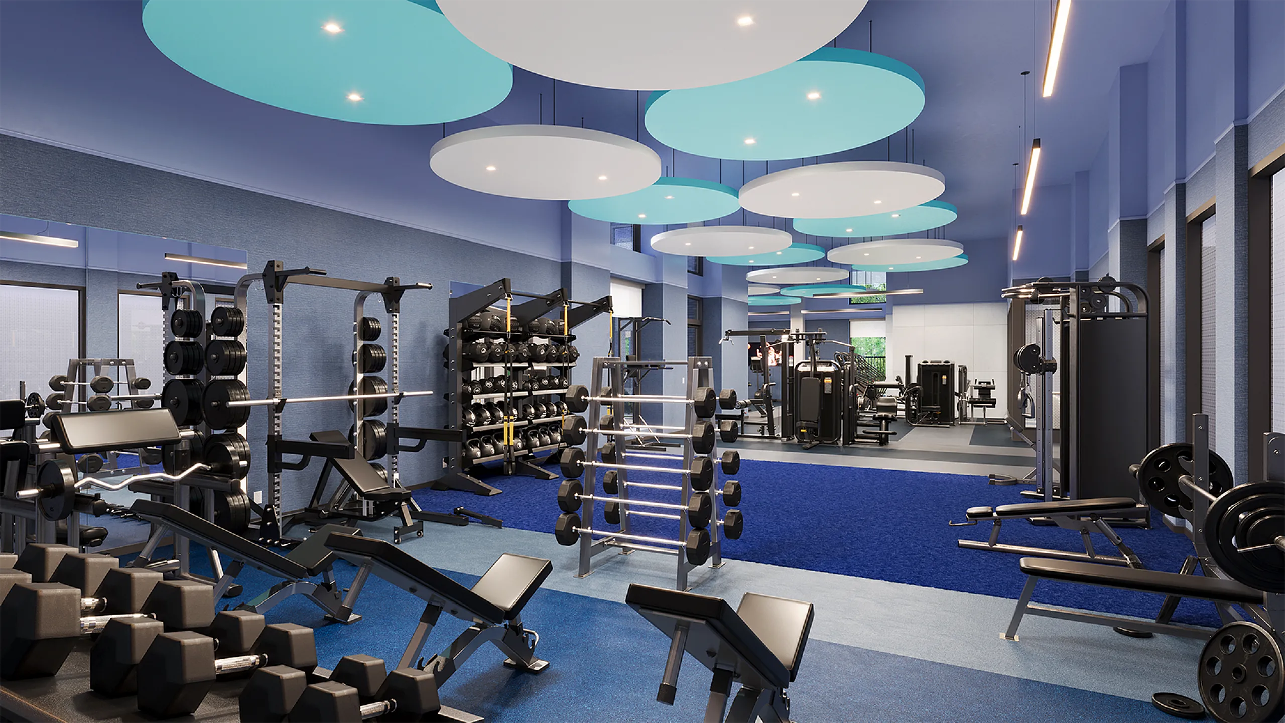 Modern fitness center with state-of-the-art equipment, vibrant blue accents, and innovative lighting for an energized workout environment.