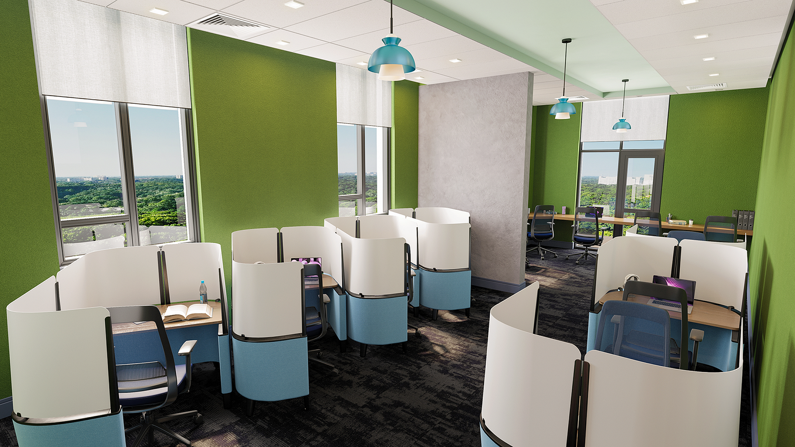 Bright and modern office space with stylish individual workstations, featuring large windows and vibrant green walls.