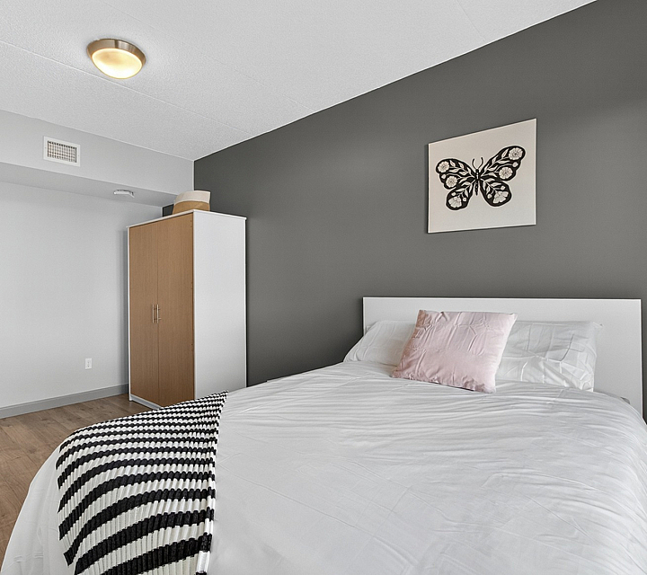 Chic bedroom featuring a modern design with stylish artwork, cozy bed with a pink accent pillow, and a sleek wooden wardrobe, perfect for a serene retreat.