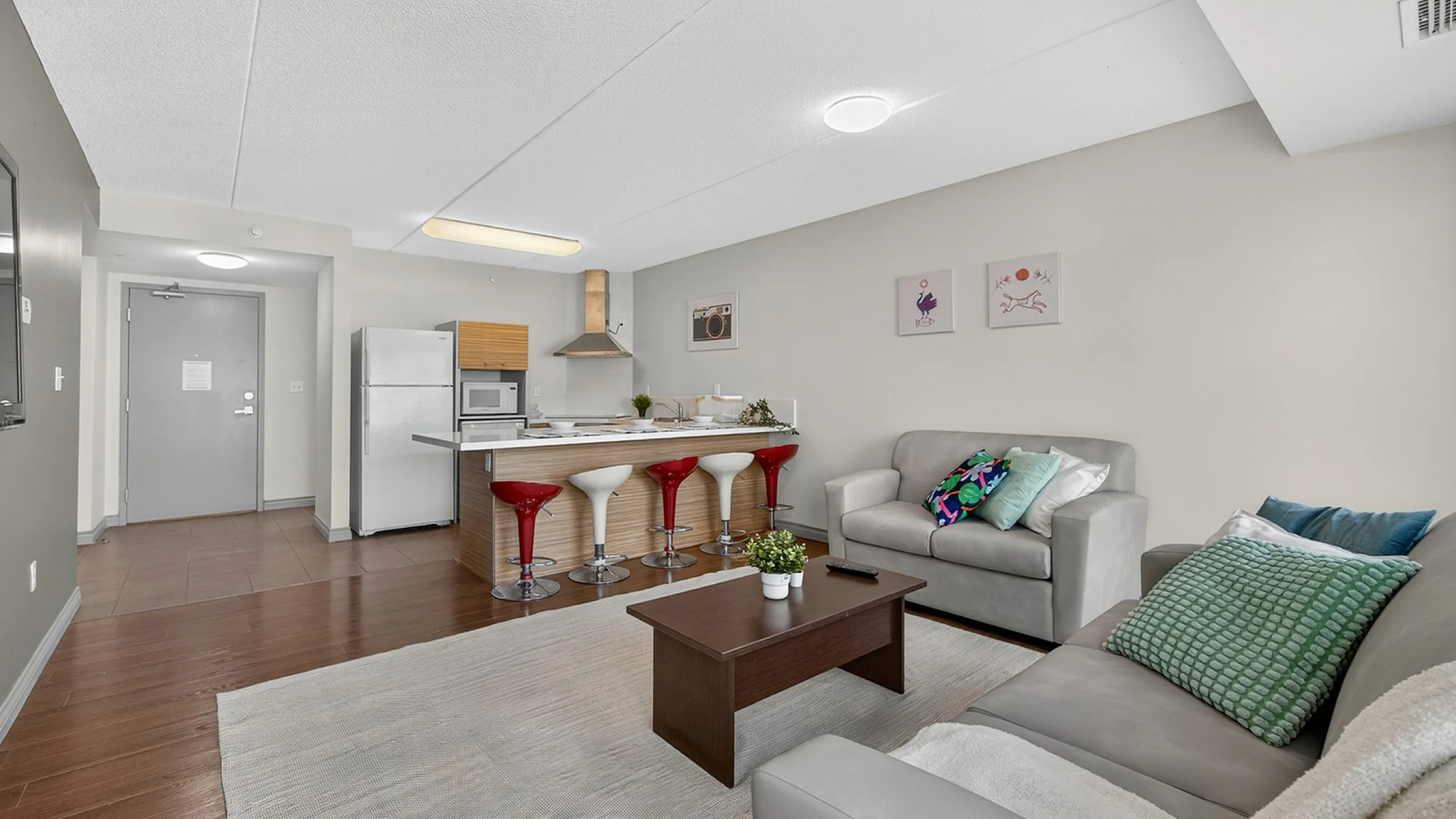 Modern open-concept living space with sleek kitchen, stylish bar seating, and cozy lounge area in a bright apartment.