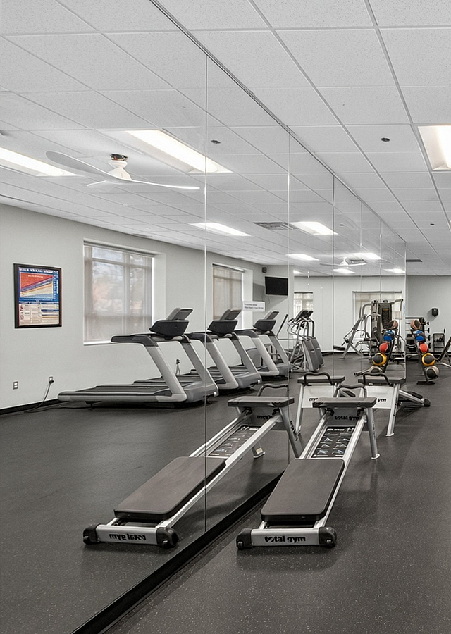Spacious, modern gym equipped with state-of-the-art treadmills, rowing machines, and vibrant free weights.