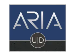 Modern ARIA logo with sleek lettering in a bold blue and gray color scheme, ideal for branding and innovation.