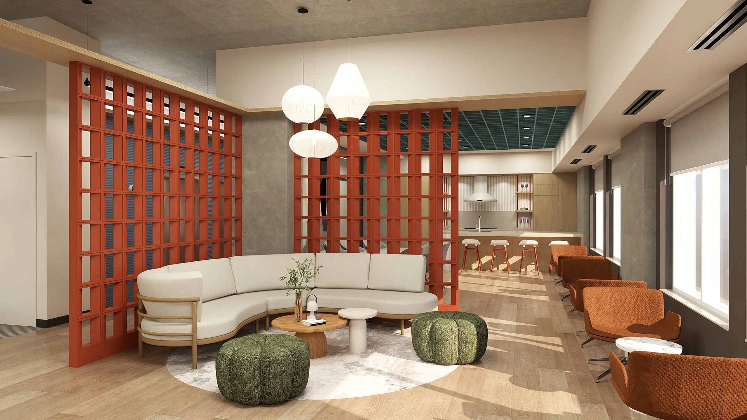 Modern open-concept living area with stylish cream sectional, vibrant red divider, and sleek kitchen space.