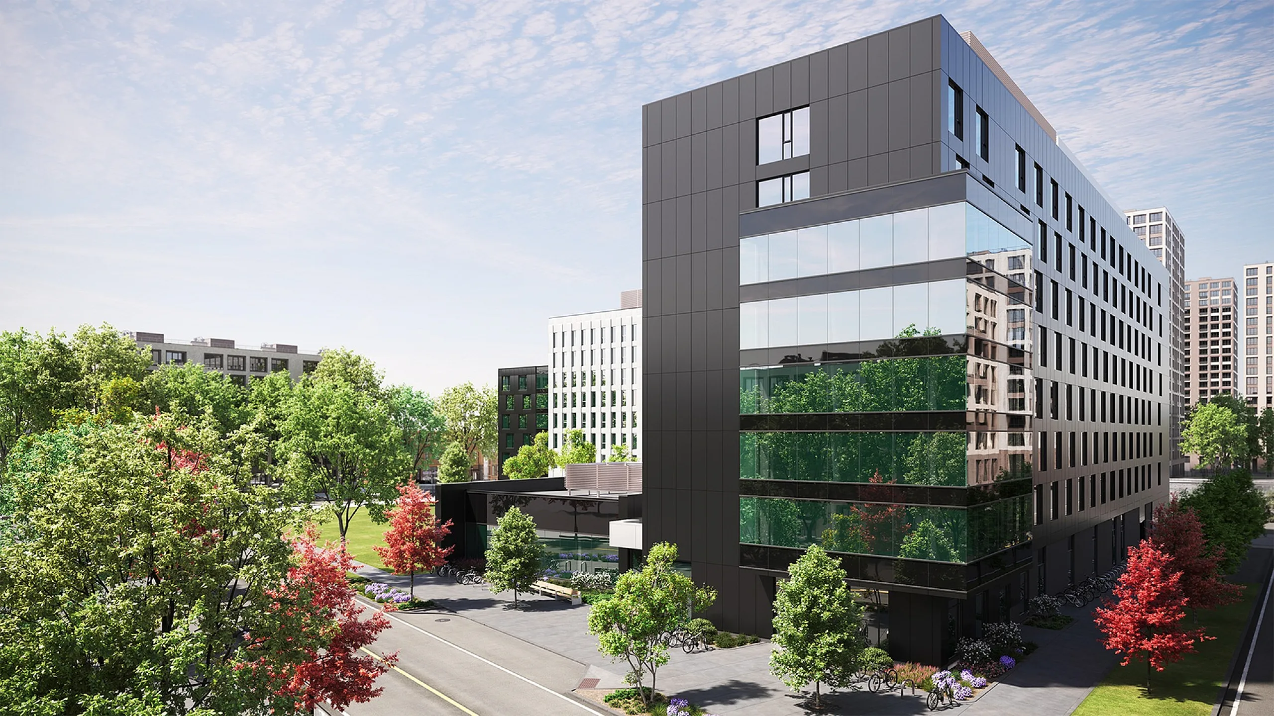 Modern urban apartment building with sleek glass facade surrounded by vibrant trees and greenery, offering a luxurious lifestyle in a serene setting.