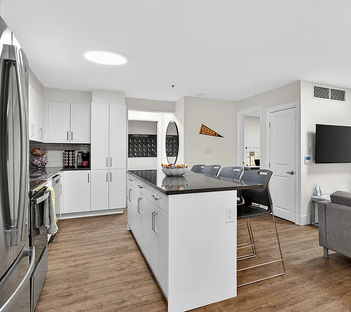 Modern open-concept kitchen and living area with sleek stainless steel appliances, bright white cabinetry, and cozy seating, perfect for entertaining.
