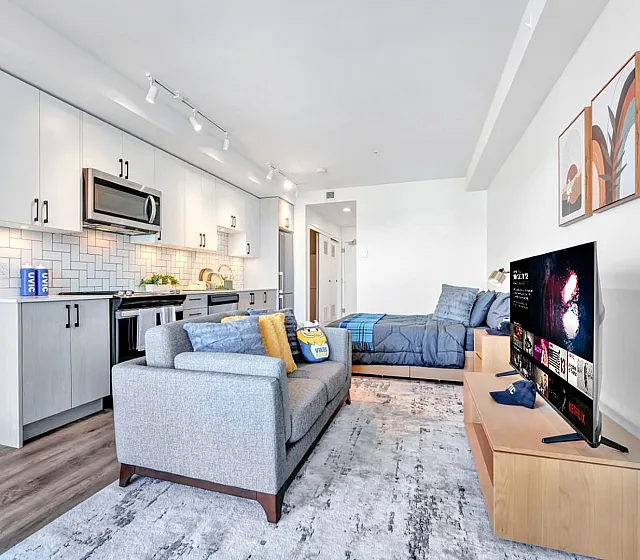 Modern studio apartment with open-concept living space, stylish kitchen, and cozy sleeping area.